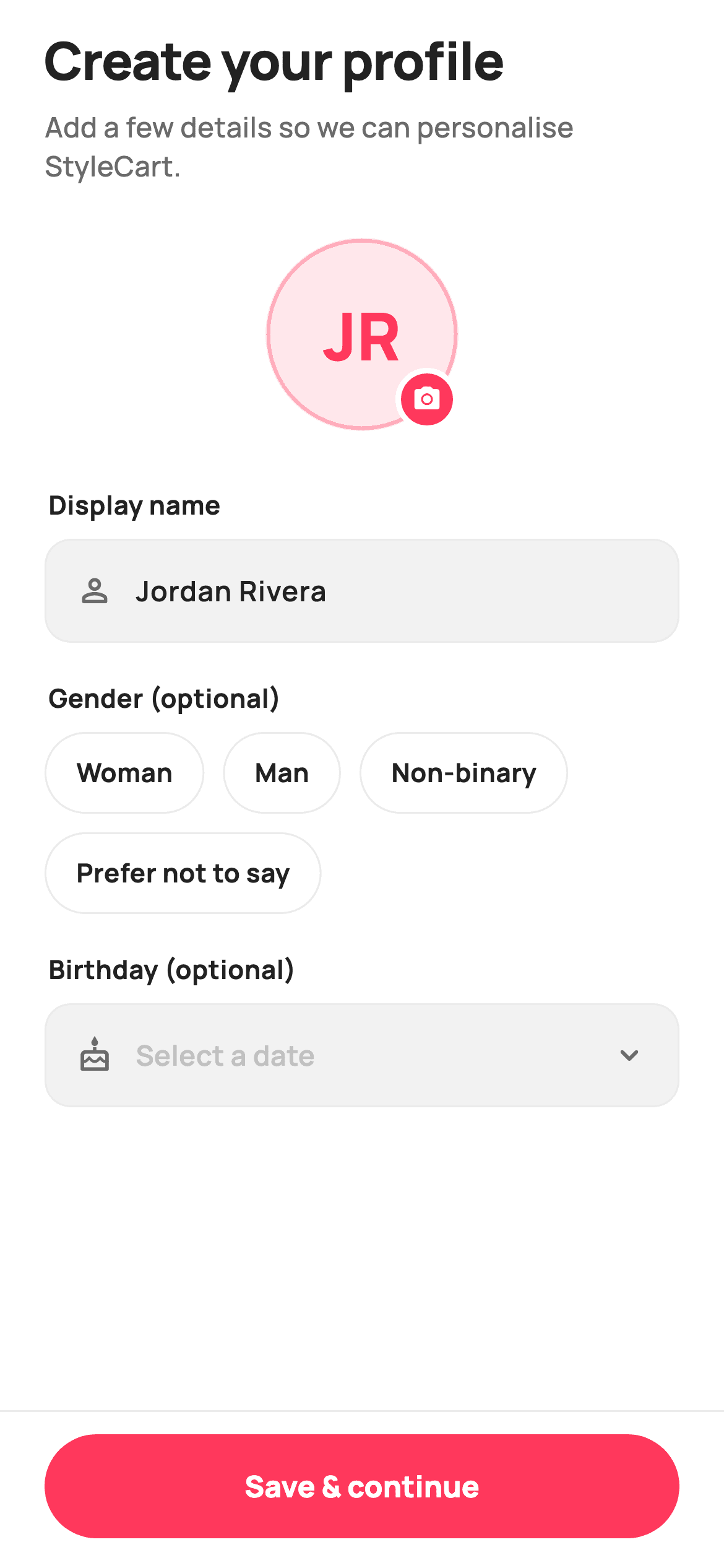 Create Profile — E-commerce Flutter UI screen