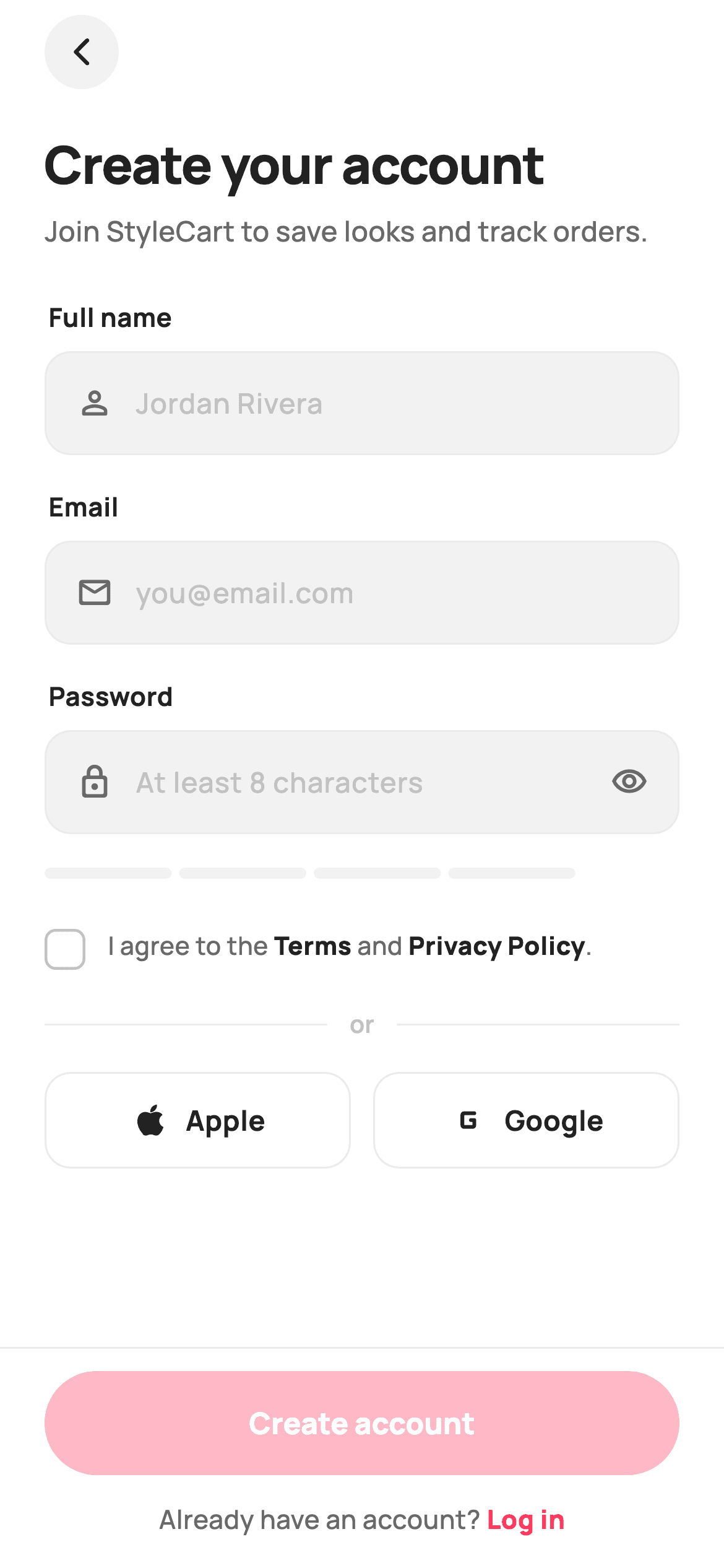 Create Account — E-commerce Flutter UI screen