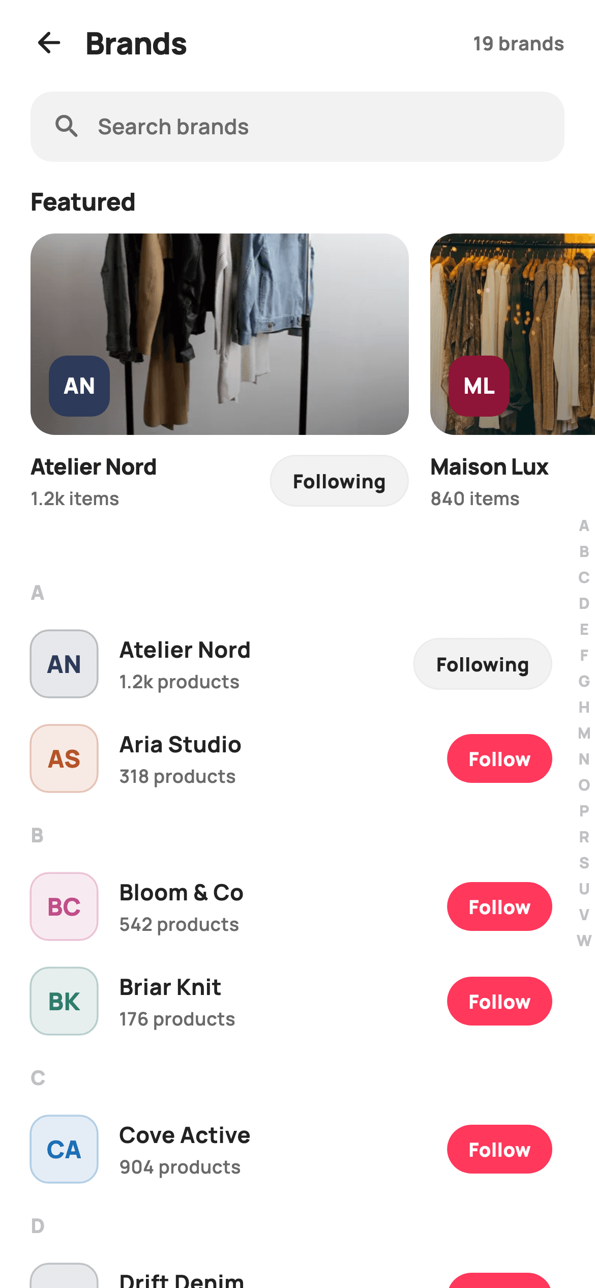 Brands Directory — E-commerce Flutter screen
