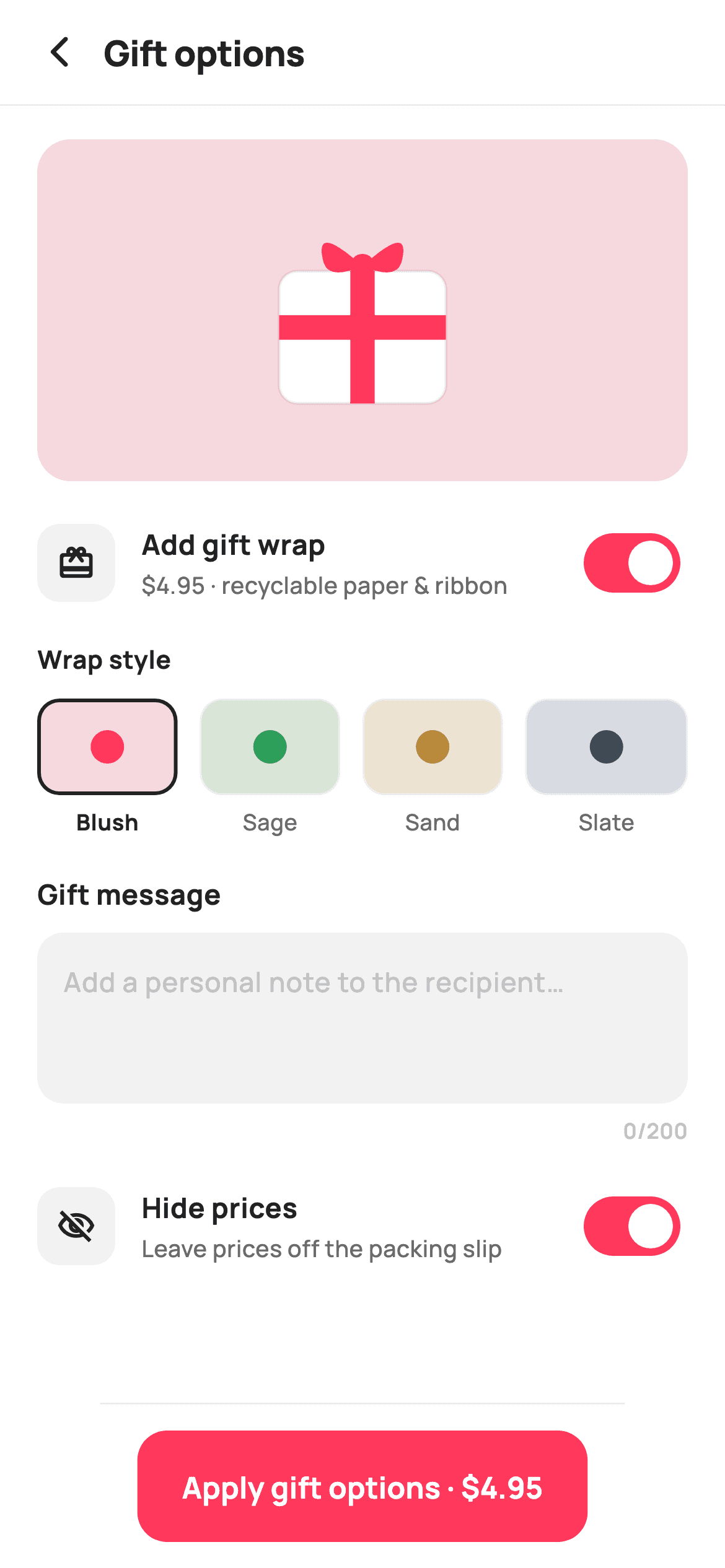 Gift options — E-commerce Flutter UI screen