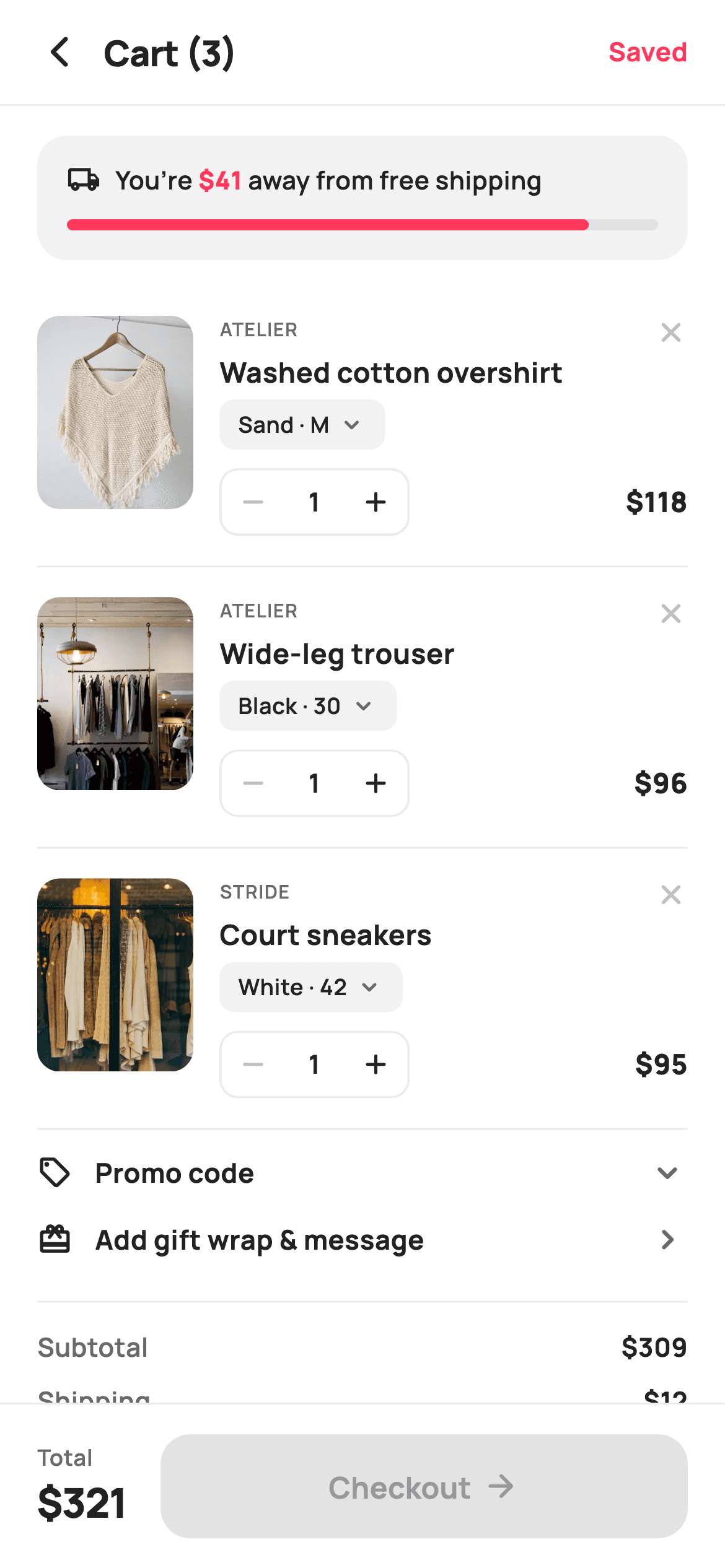 Shopping Cart — E-commerce Flutter UI screen