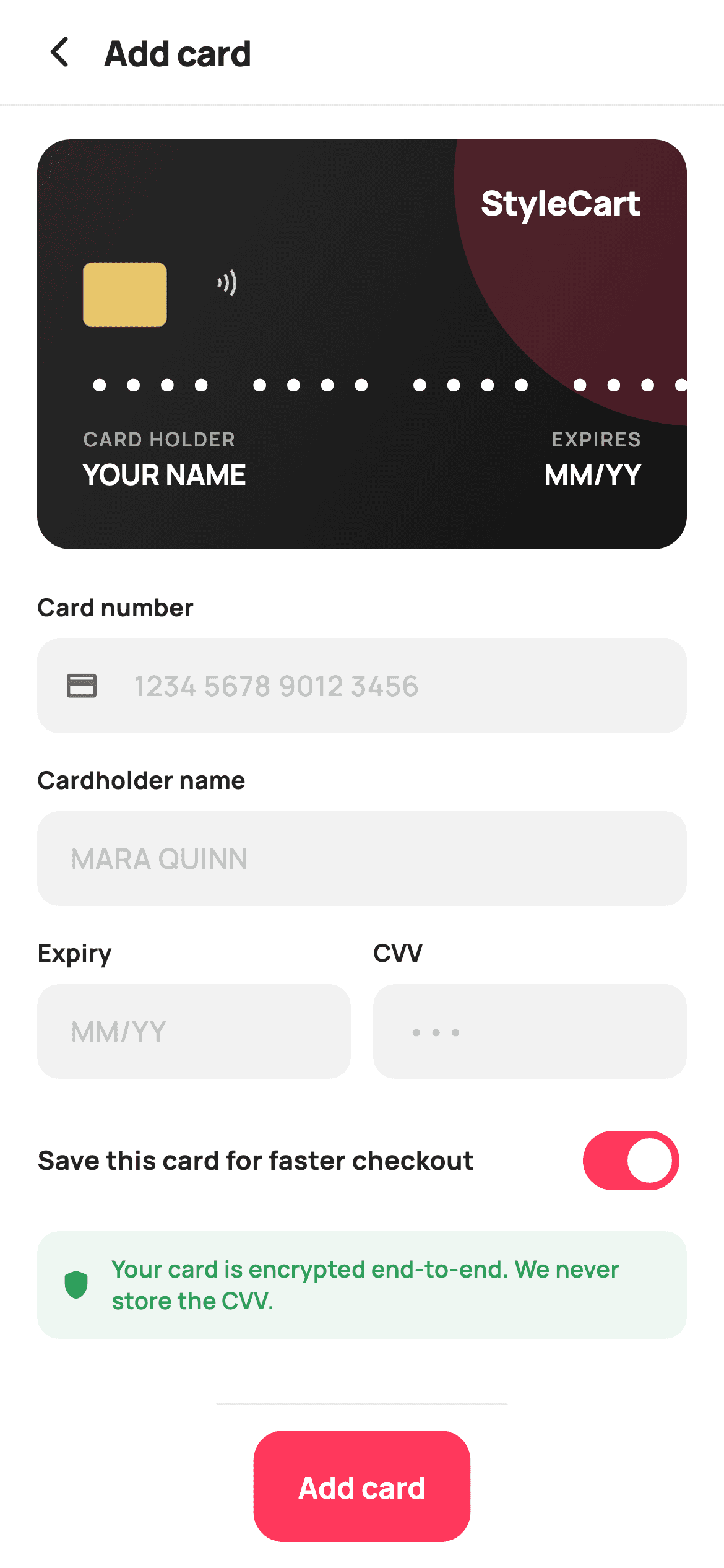 Add Card — E-commerce Flutter UI screen
