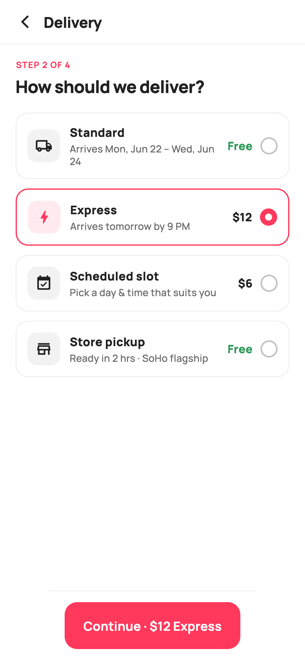 Delivery Options — E-commerce Flutter UI screen