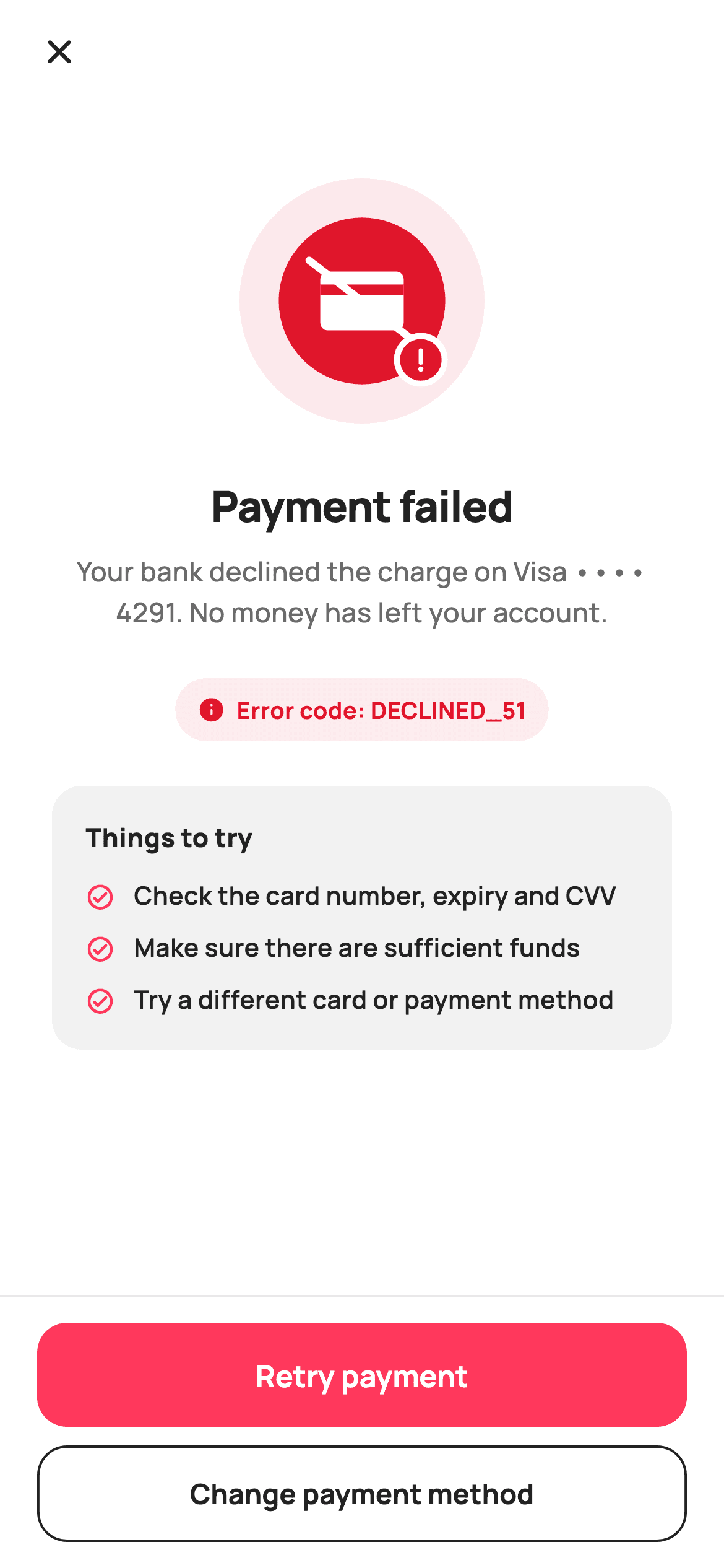 Payment Failed — E-commerce Flutter UI screen