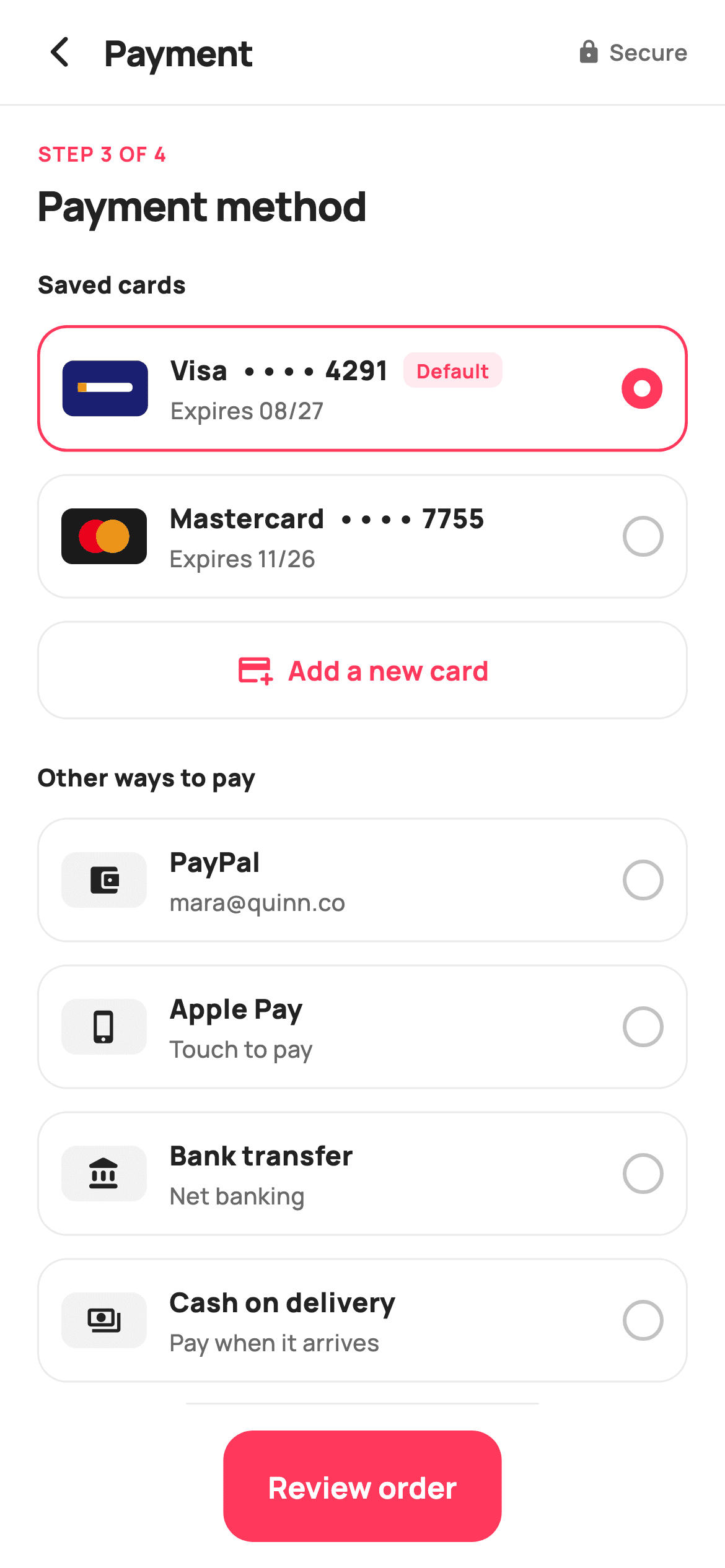 Payment Method — E-commerce Flutter UI screen