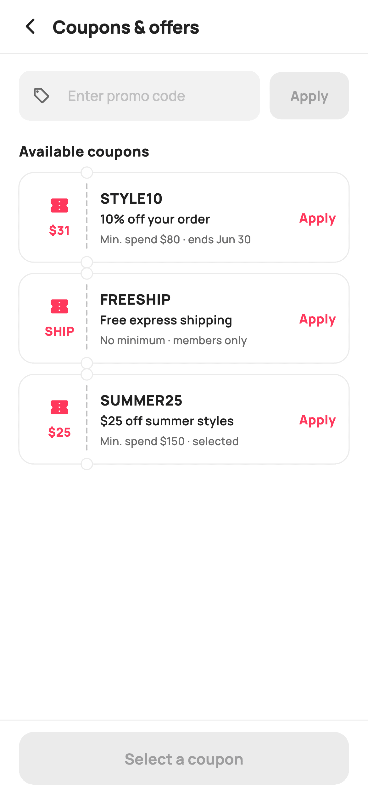 Apply Coupon — E-commerce Flutter UI screen