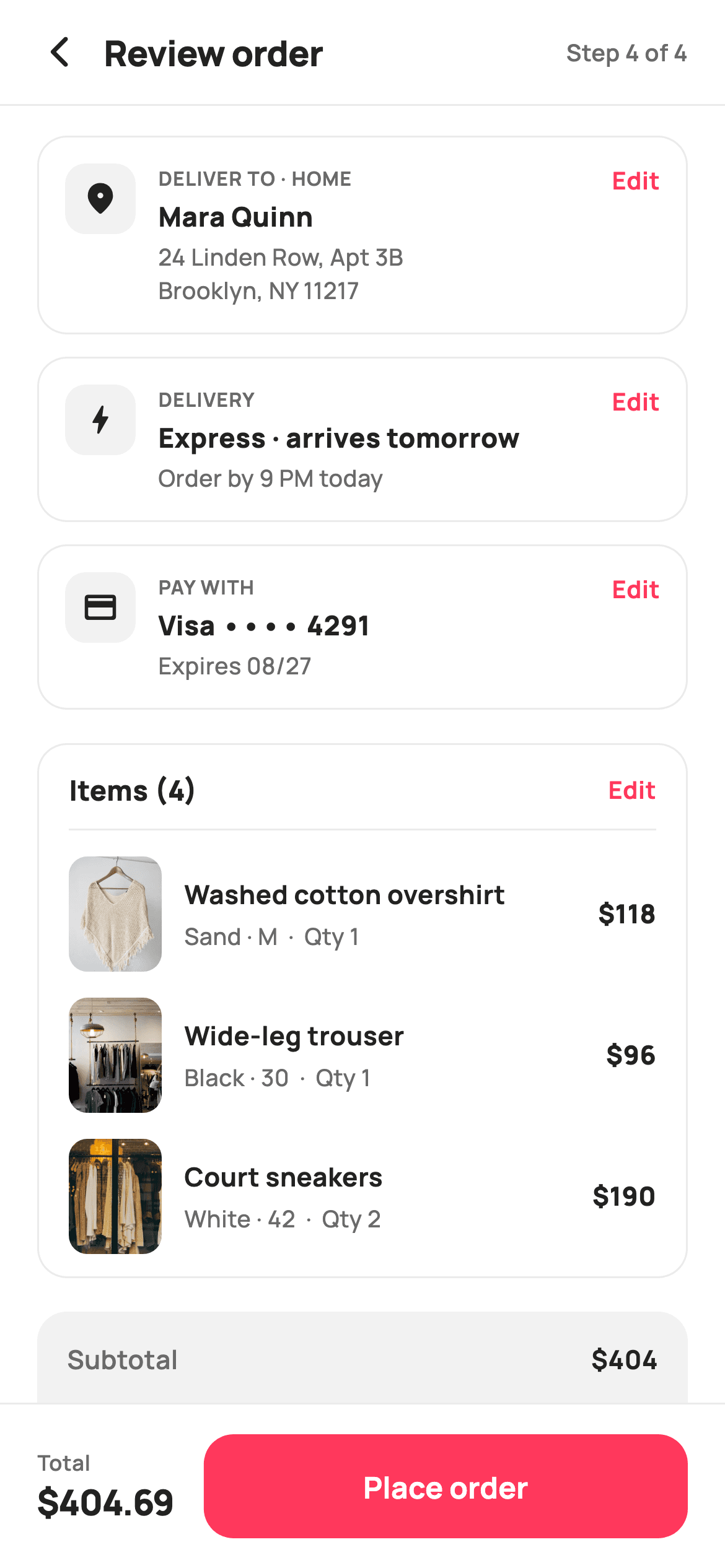 Review Order — E-commerce Flutter UI screen