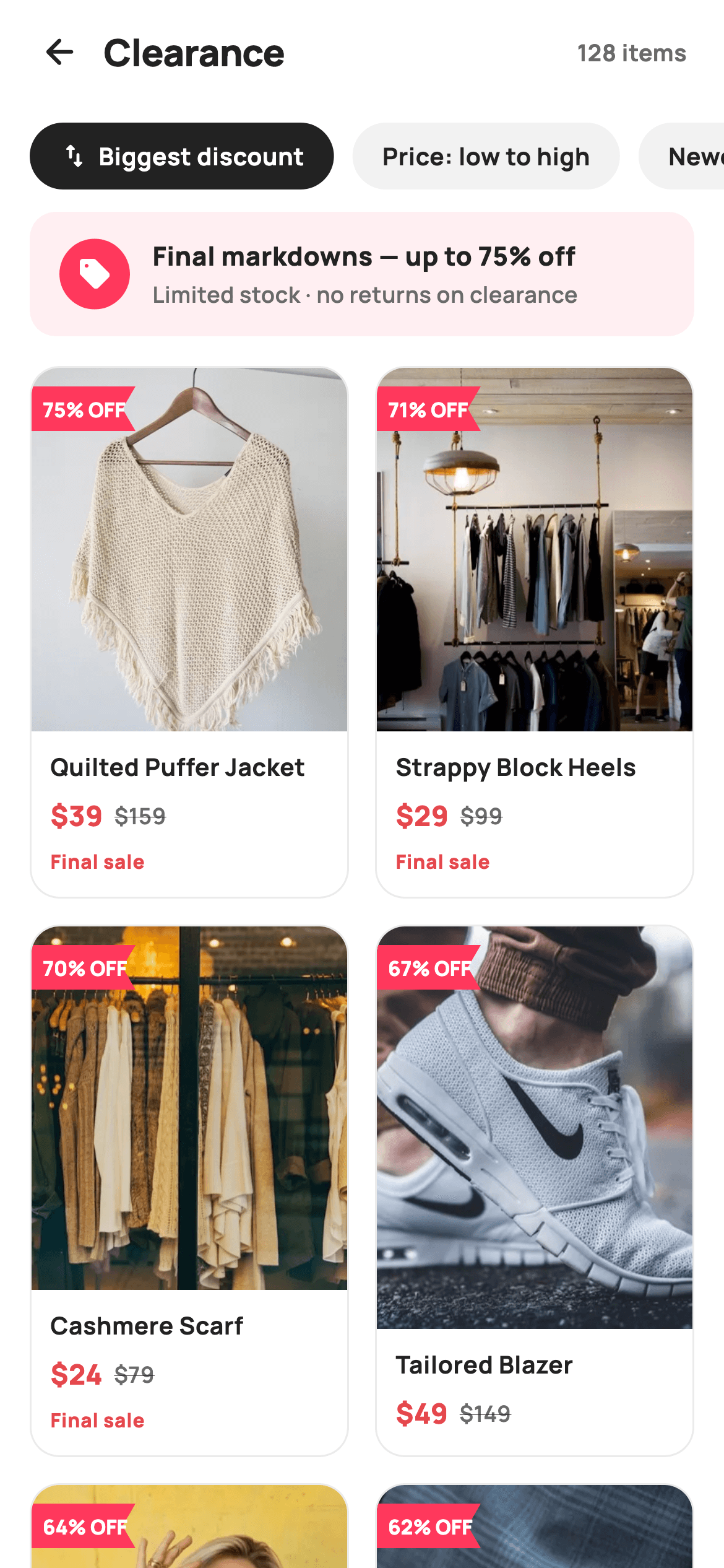 Clearance — E-commerce Flutter screen