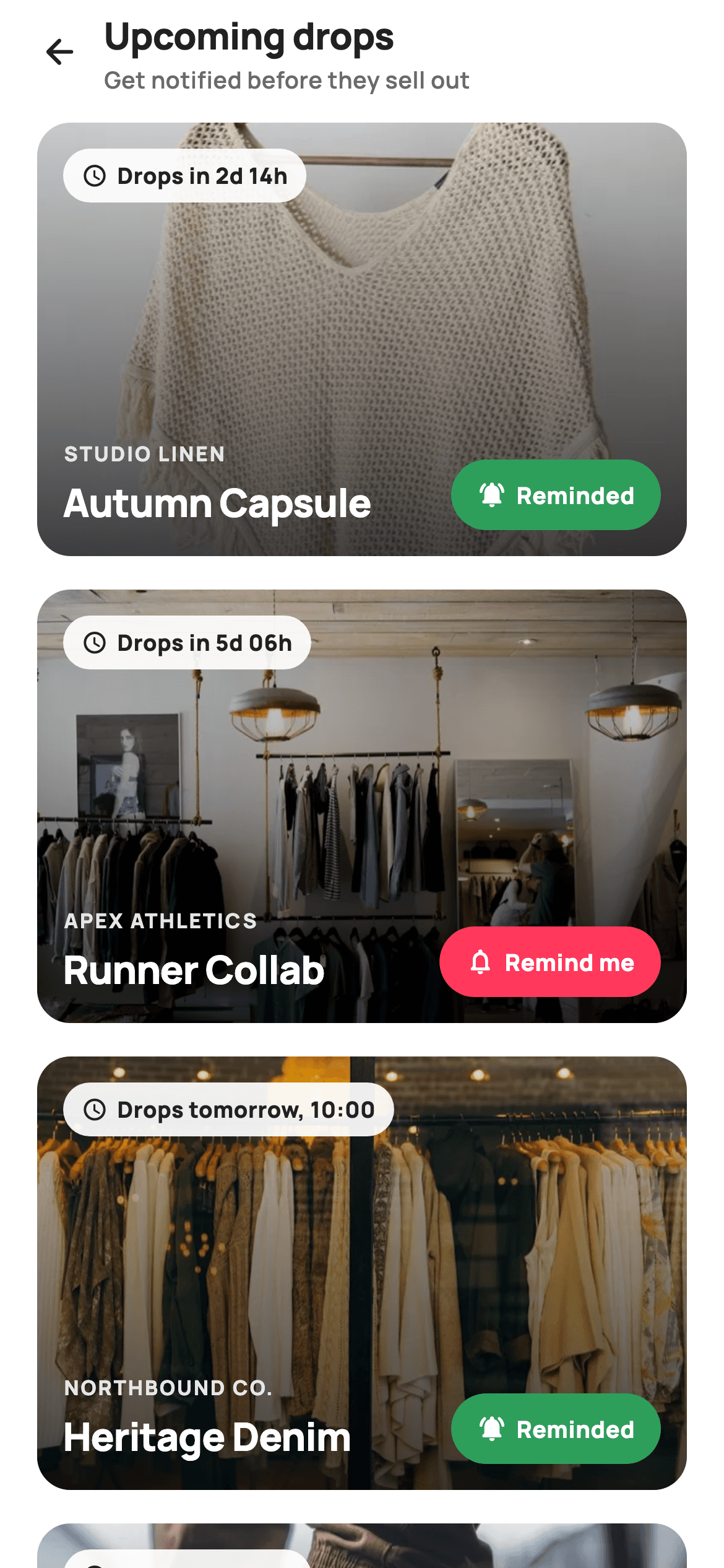 Upcoming Drops — E-commerce Flutter screen
