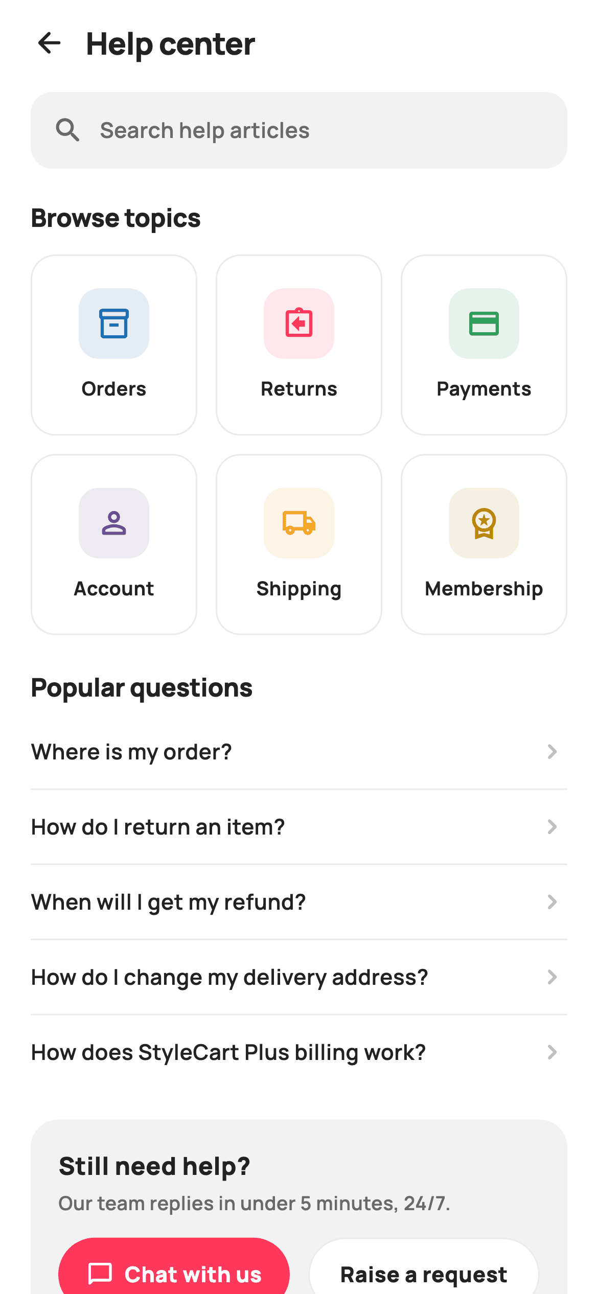Help Center — E-commerce Flutter screen