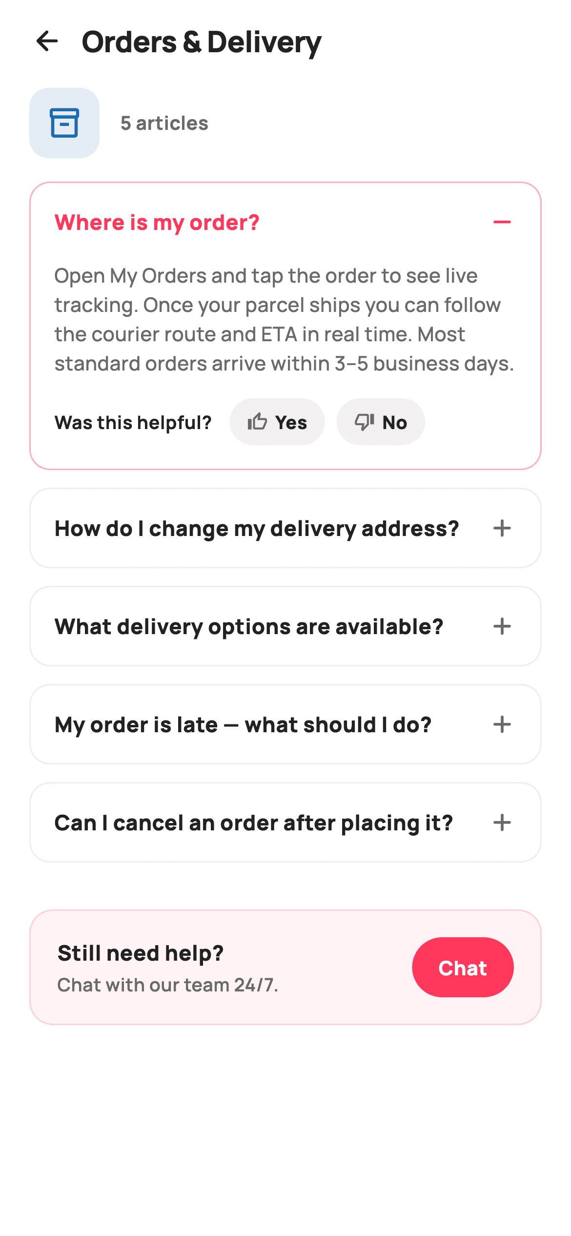 FAQ Topic — E-commerce Flutter screen