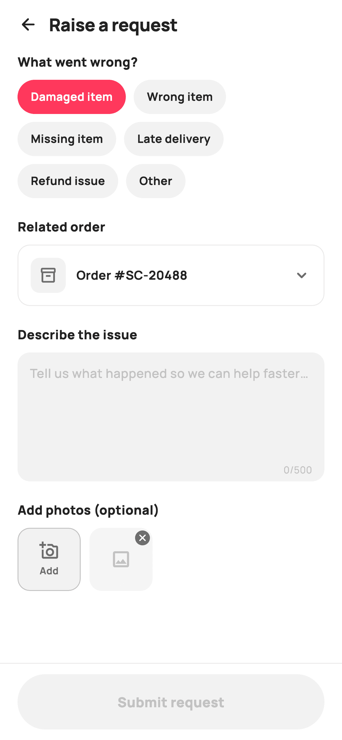 Raise a Request — E-commerce Flutter screen