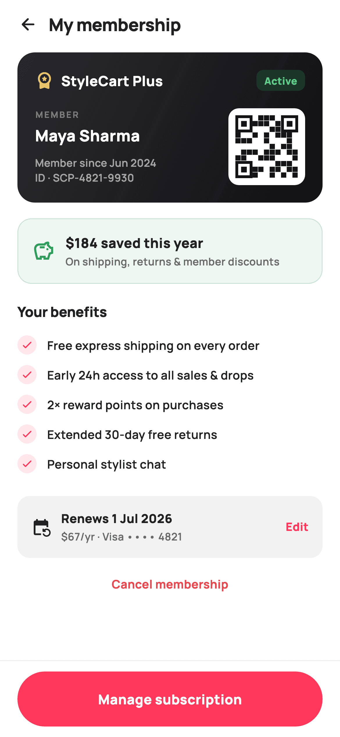 Membership Active — E-commerce Flutter screen