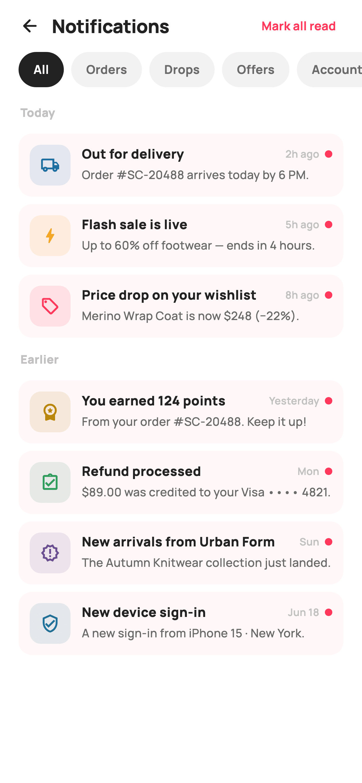 Notifications inbox — E-commerce Flutter screen