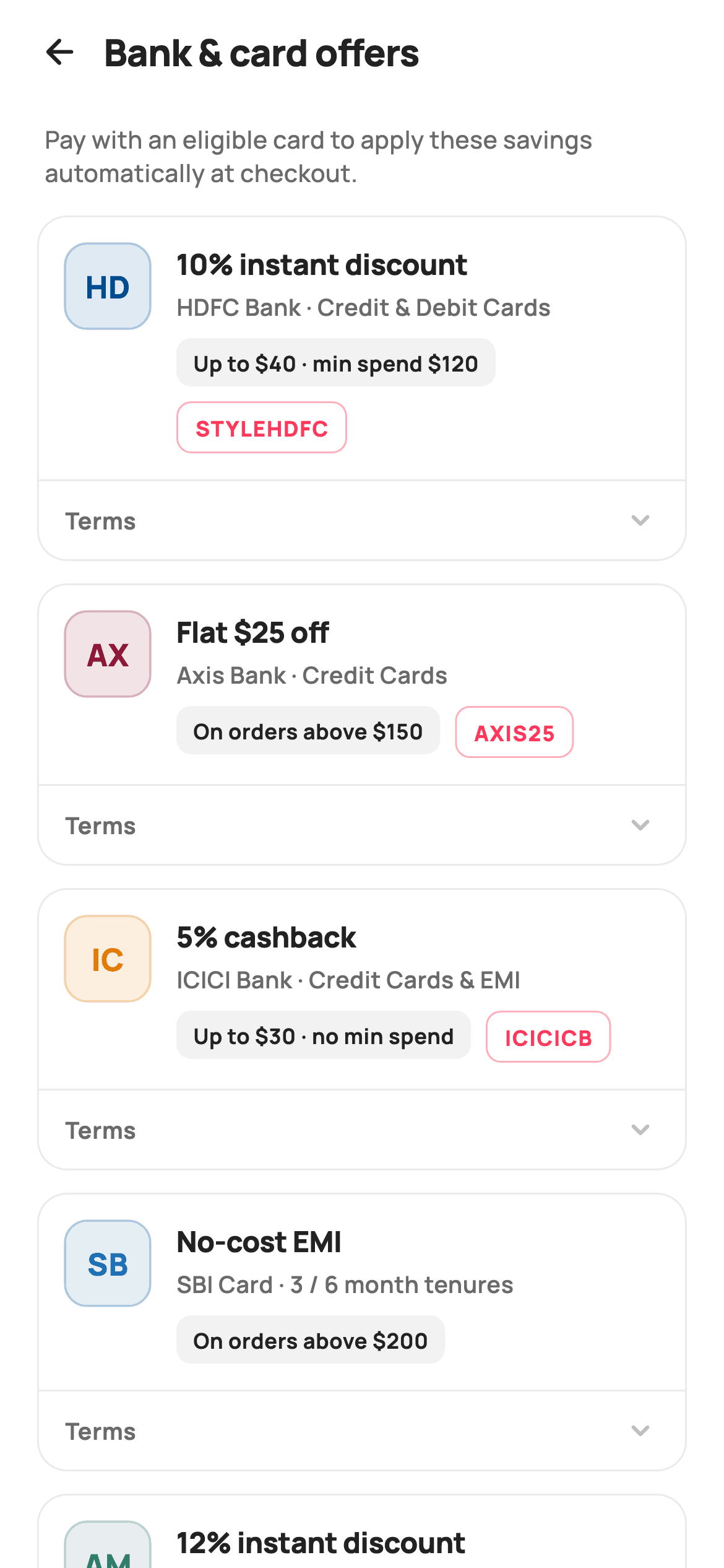 Bank & Card Offers — E-commerce Flutter screen