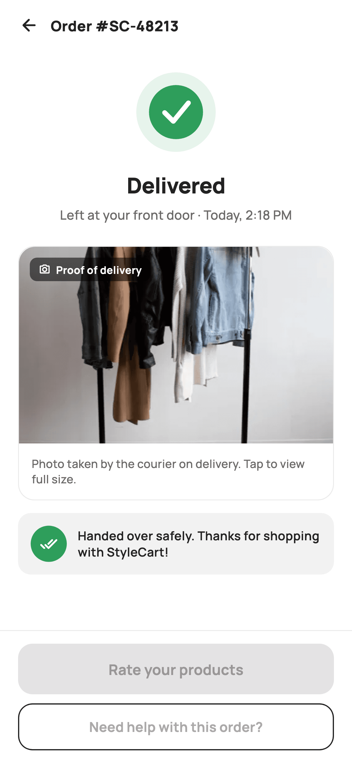 Order Delivered — E-commerce Flutter UI screen