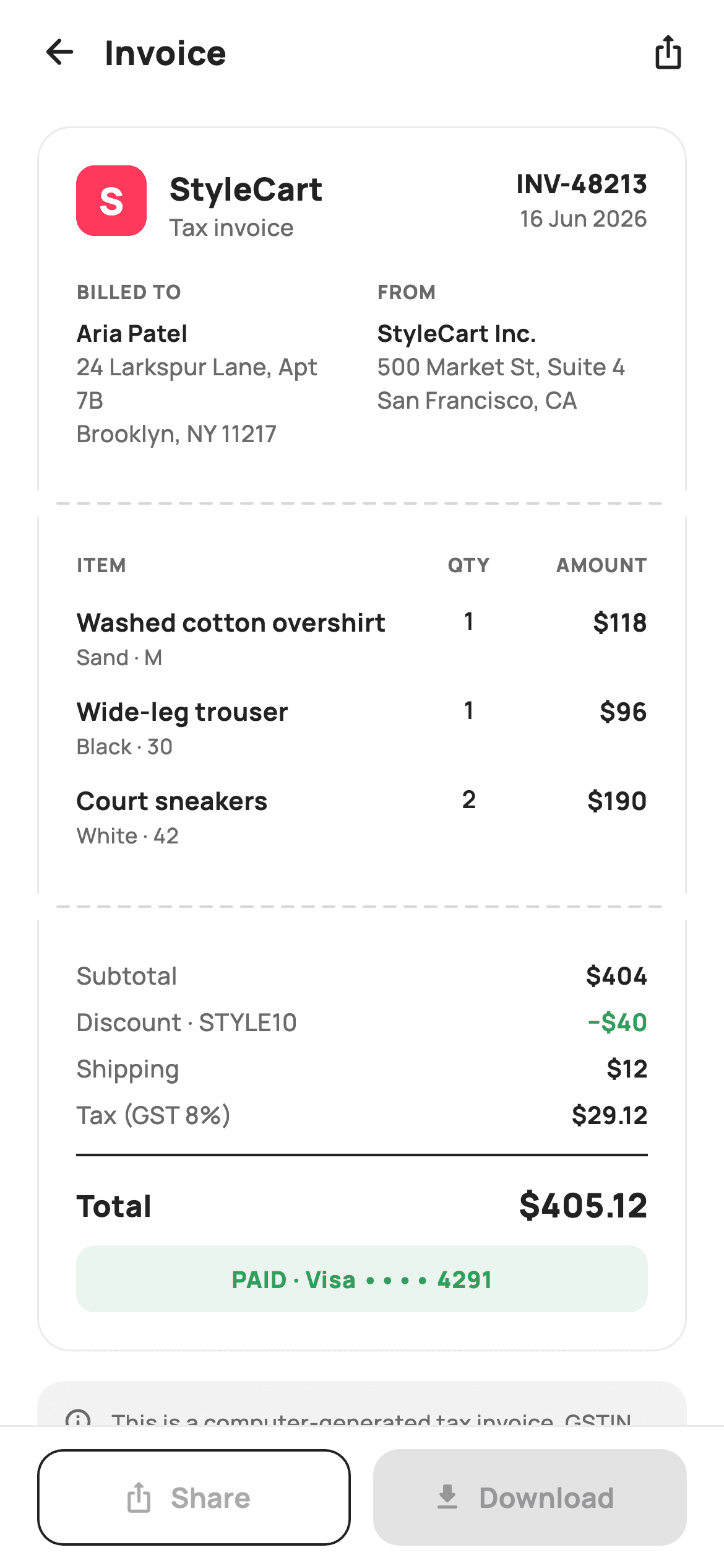 Order invoice — E-commerce Flutter UI screen