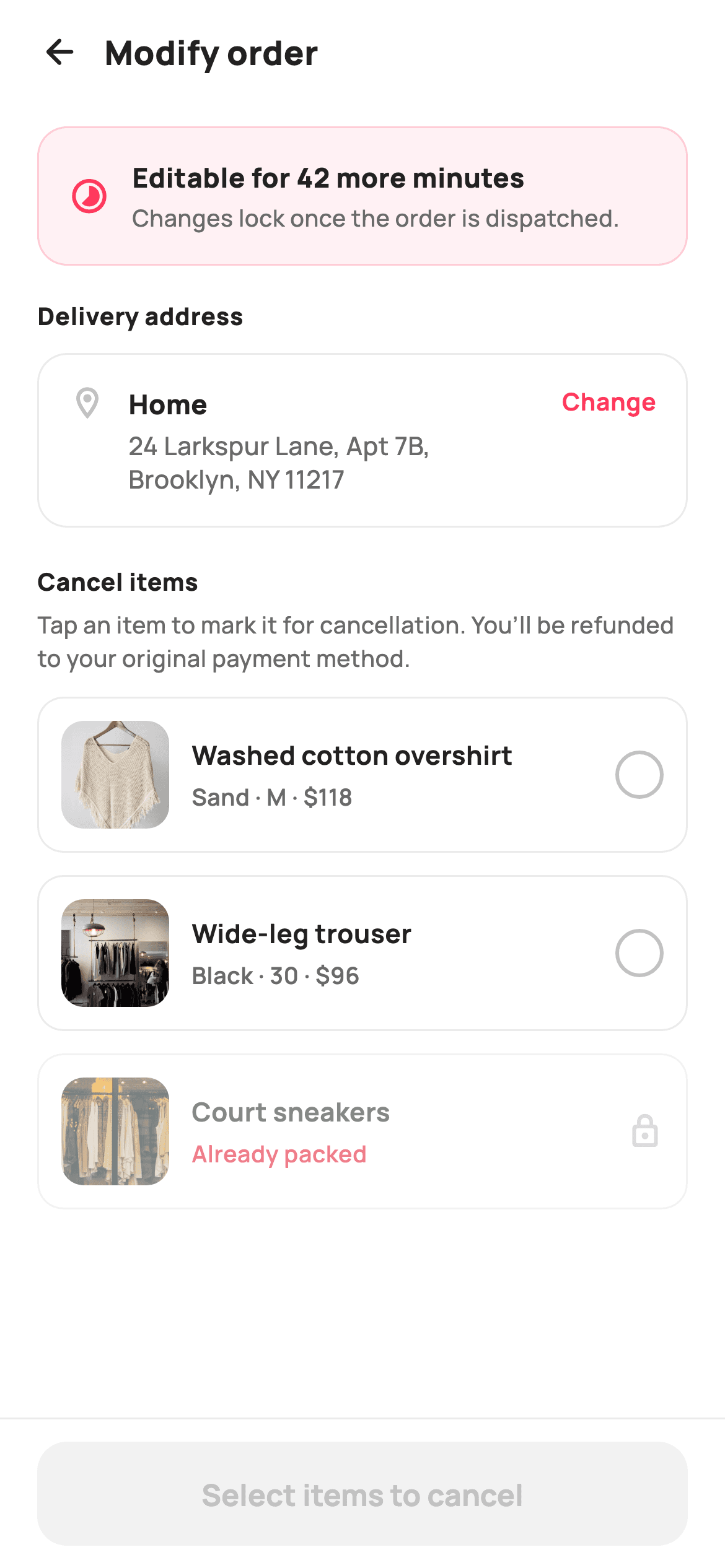 Modify Order — E-commerce Flutter UI screen