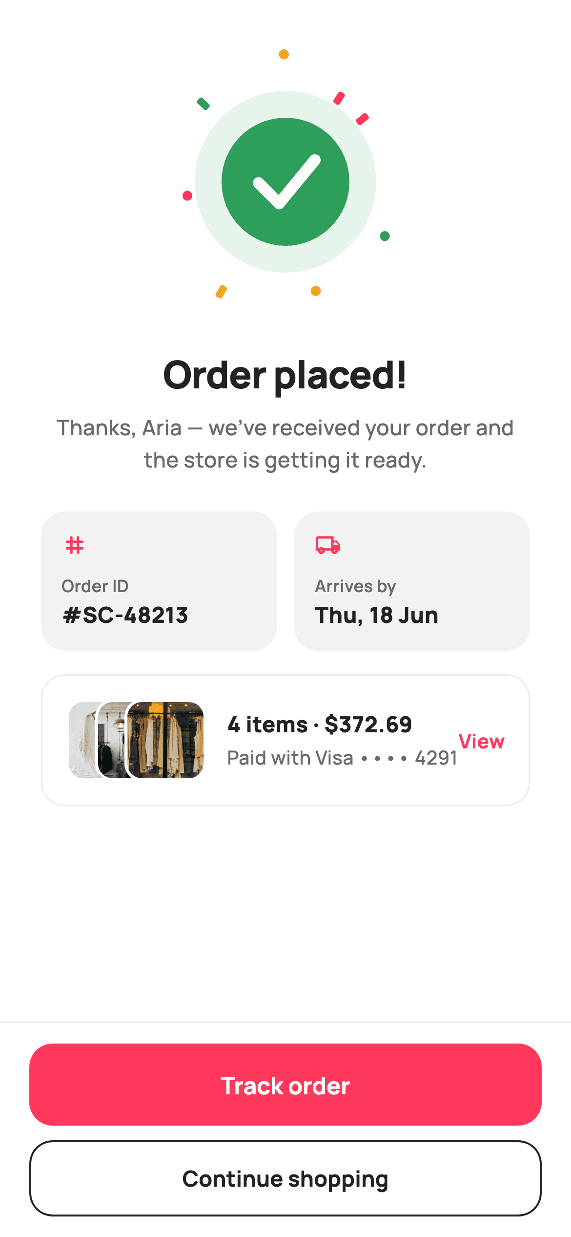 Order Placed — E-commerce Flutter UI screen