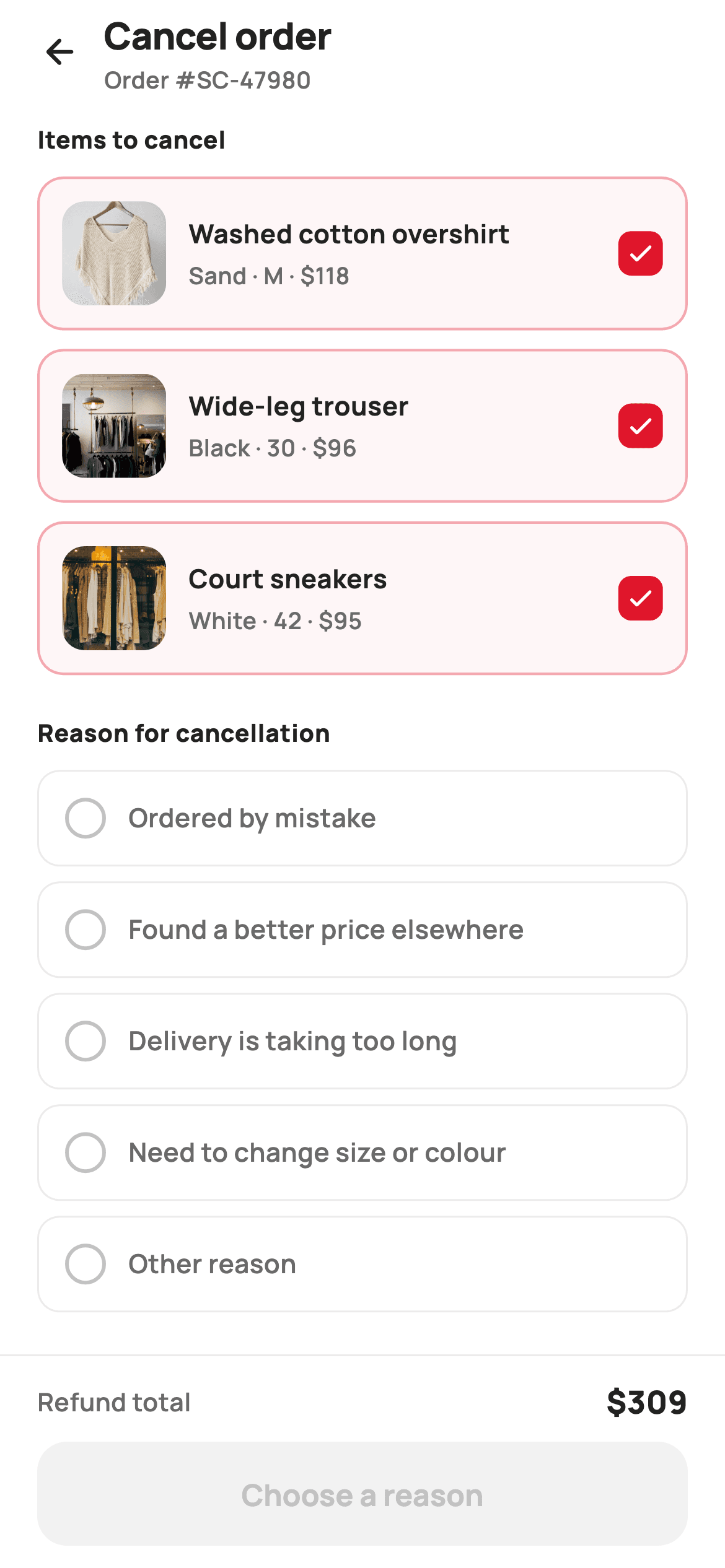 Cancel Order — E-commerce Flutter UI screen