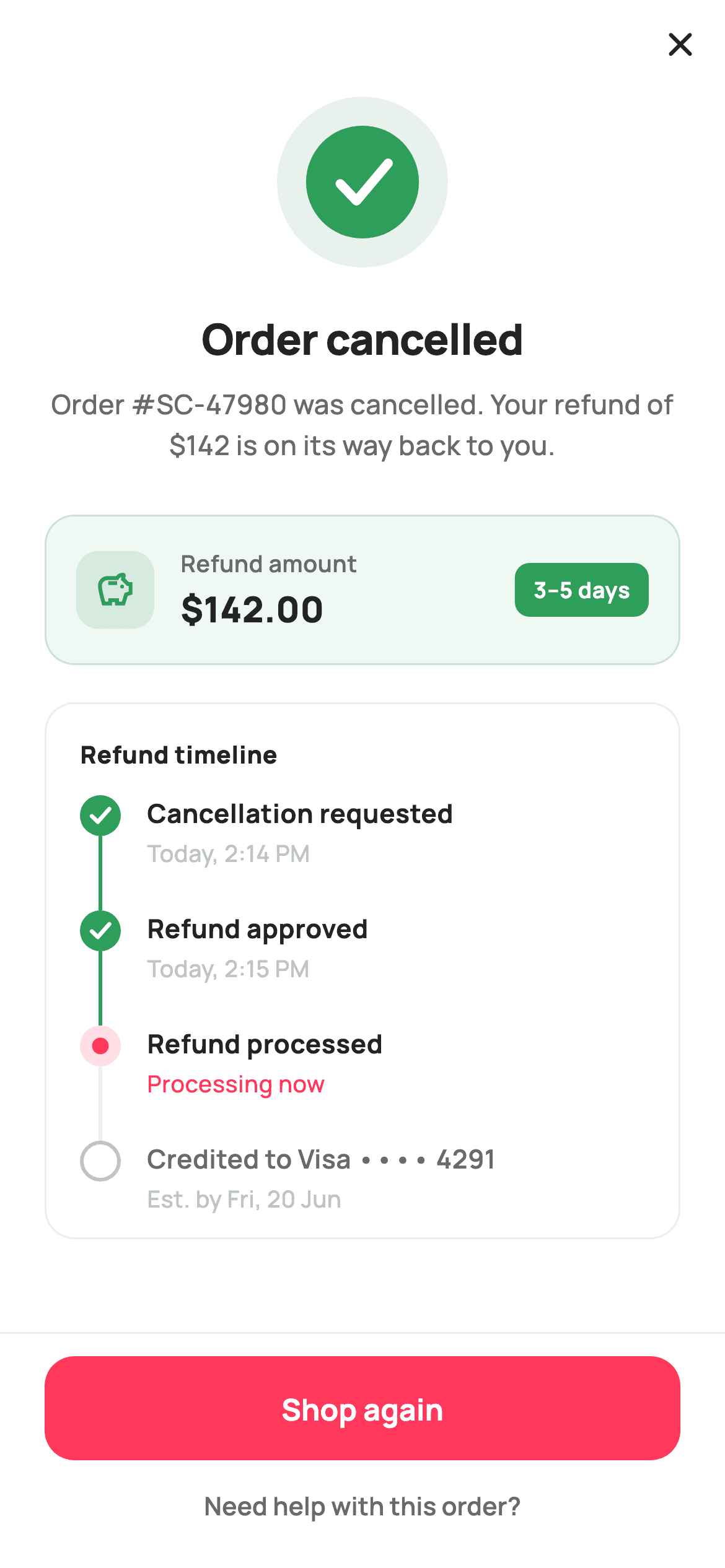 Cancellation Confirmed — E-commerce Flutter UI screen