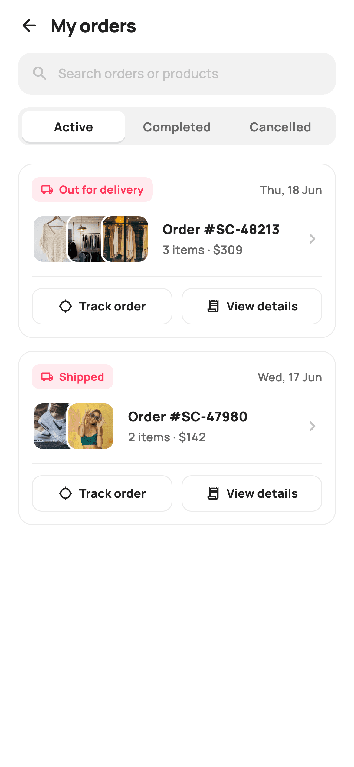 My Orders — E-commerce Flutter screen