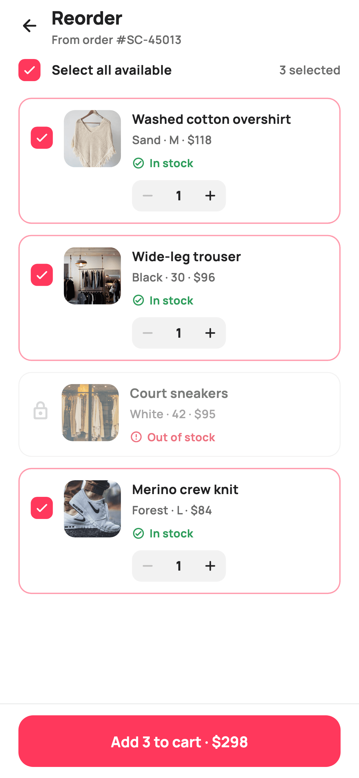 Reorder past order — E-commerce Flutter screen