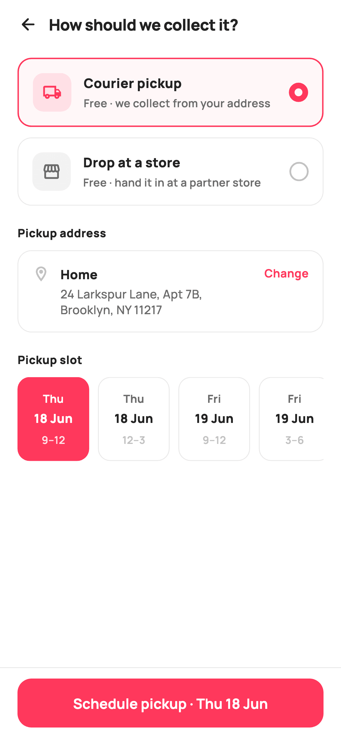 Pickup or Drop-off — E-commerce Flutter screen