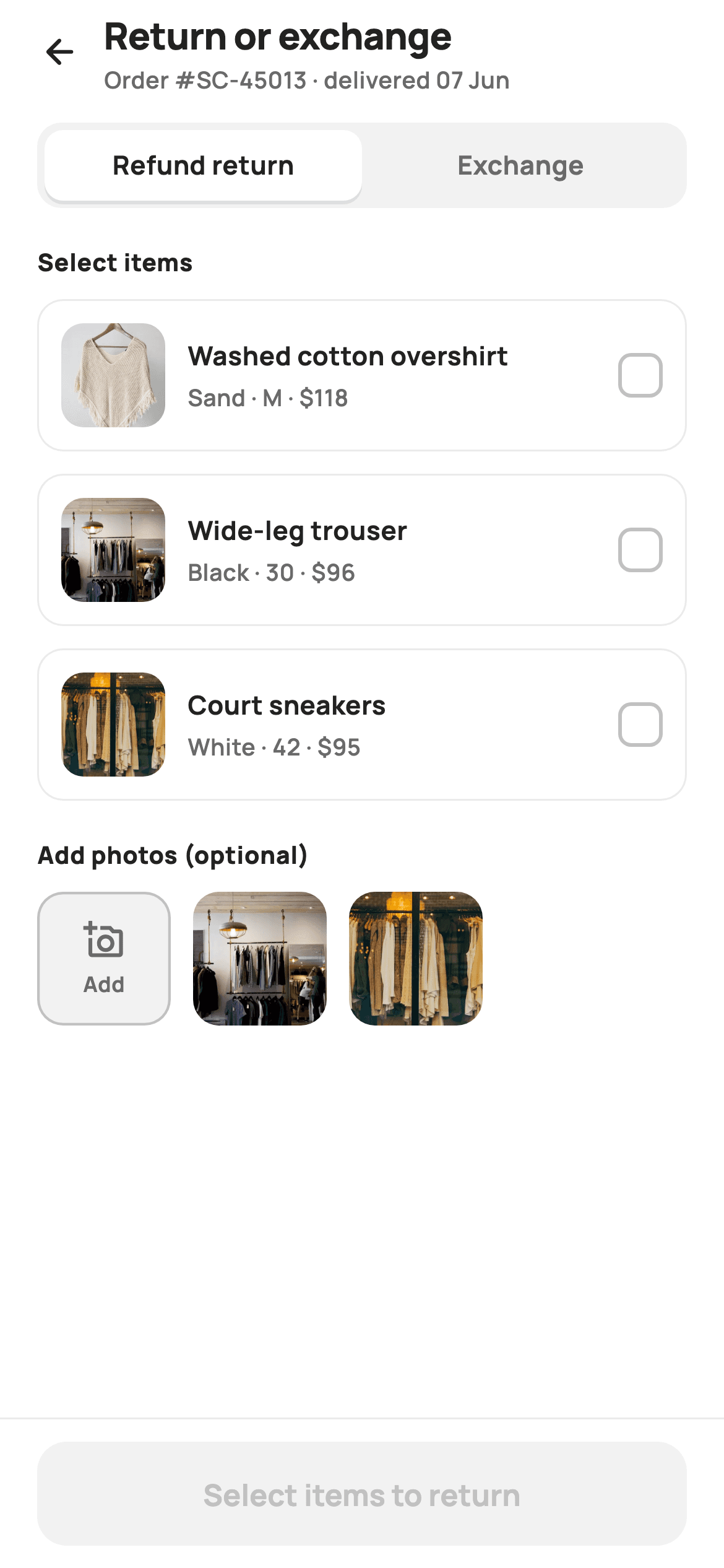 Return or Exchange — E-commerce Flutter screen