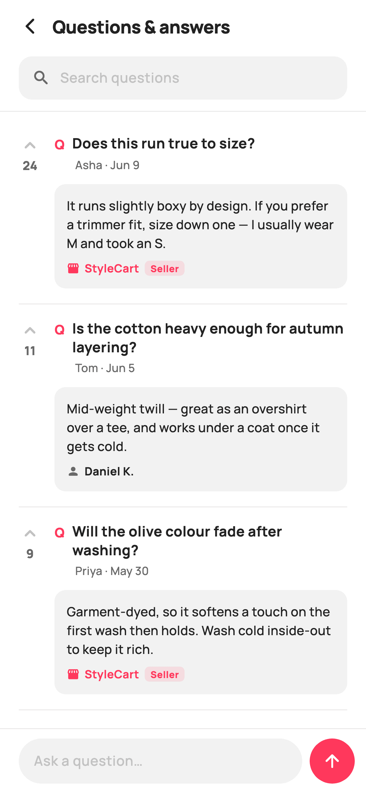 Questions & Answers — E-commerce Flutter UI screen