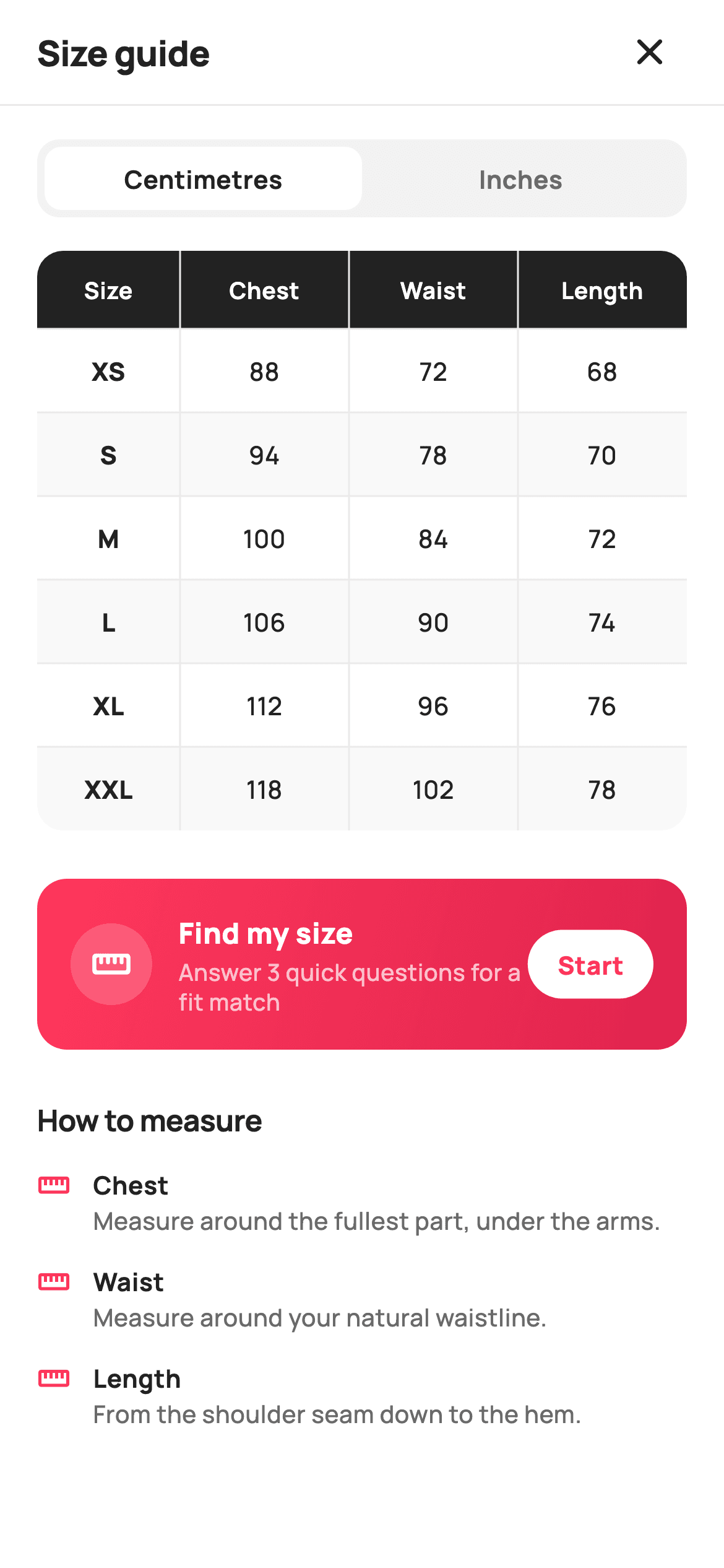 Size Guide — E-commerce Flutter screen
