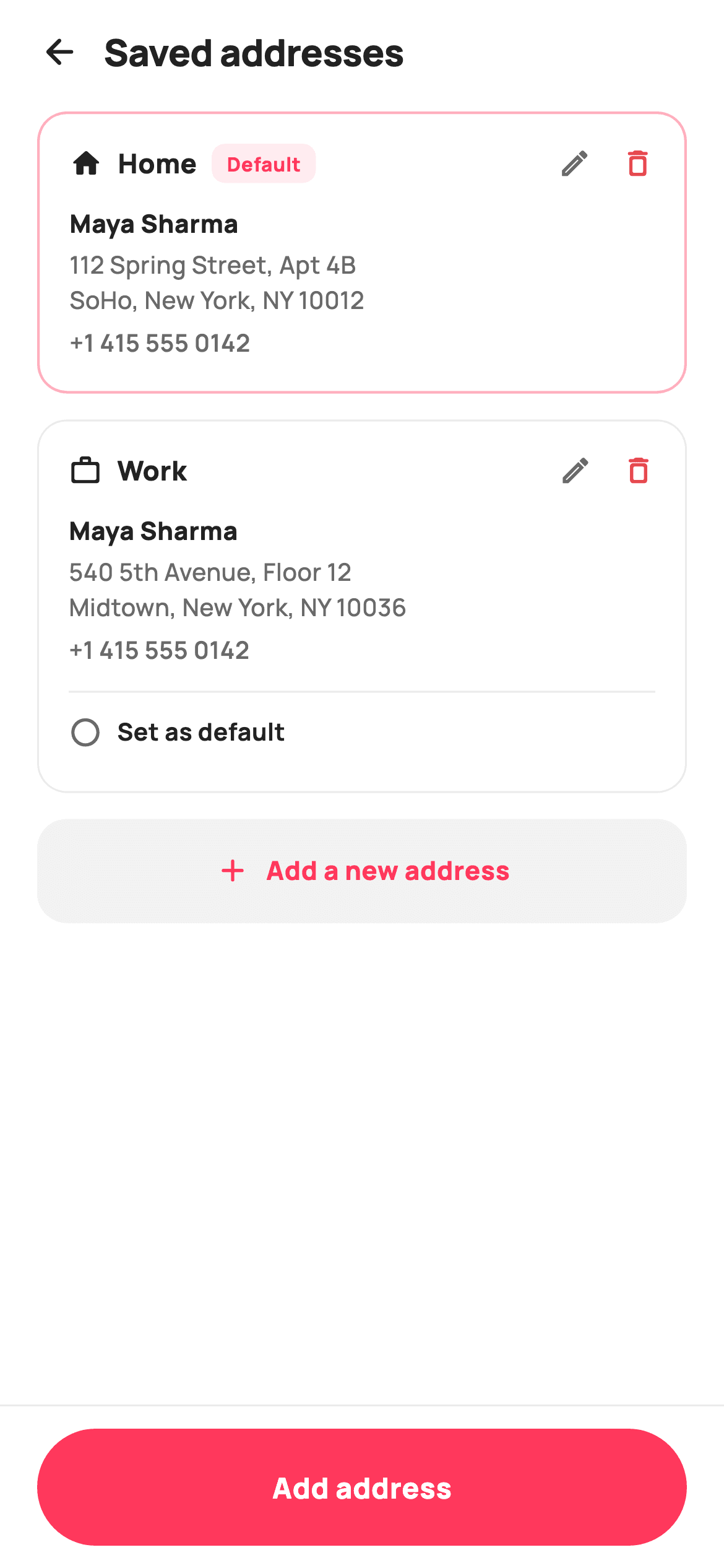 Saved Addresses — E-commerce Flutter screen