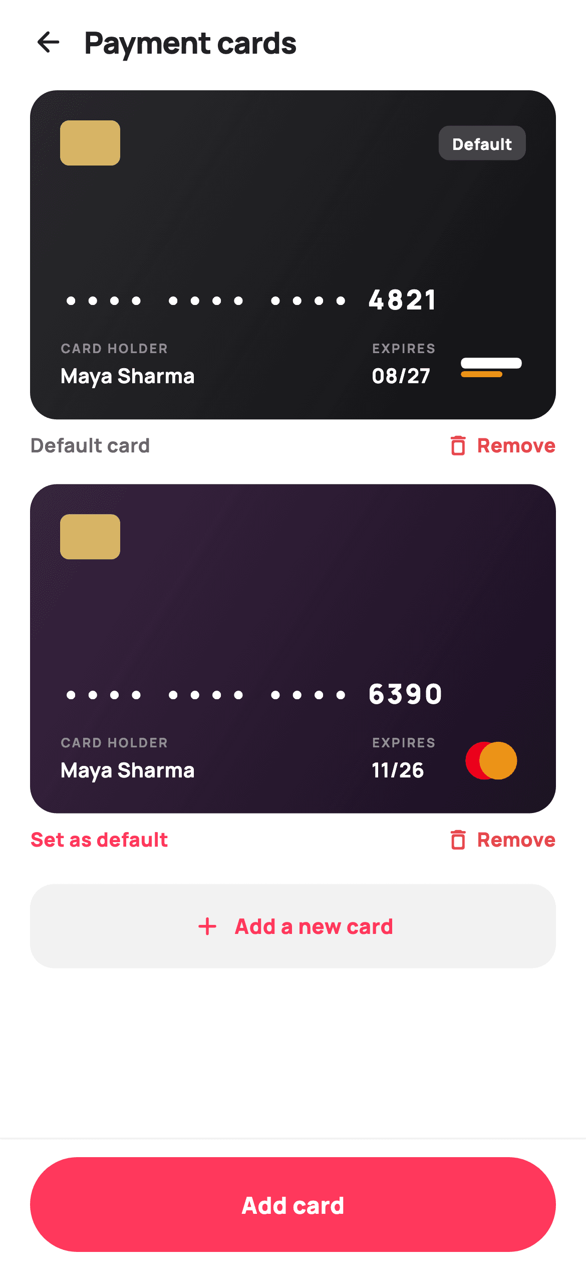 Payment cards — E-commerce Flutter screen