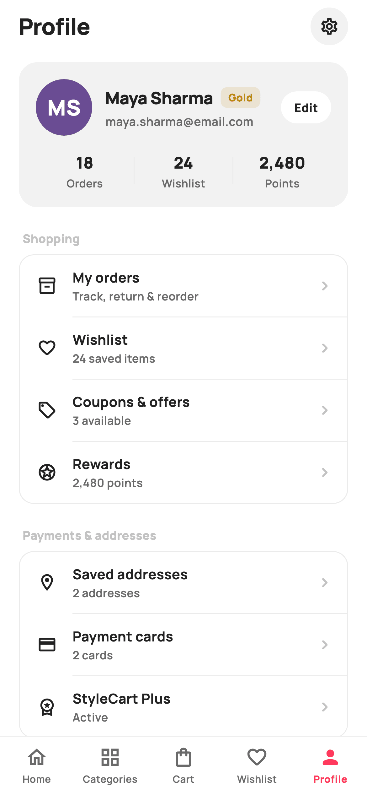 Profile home — E-commerce Flutter screen