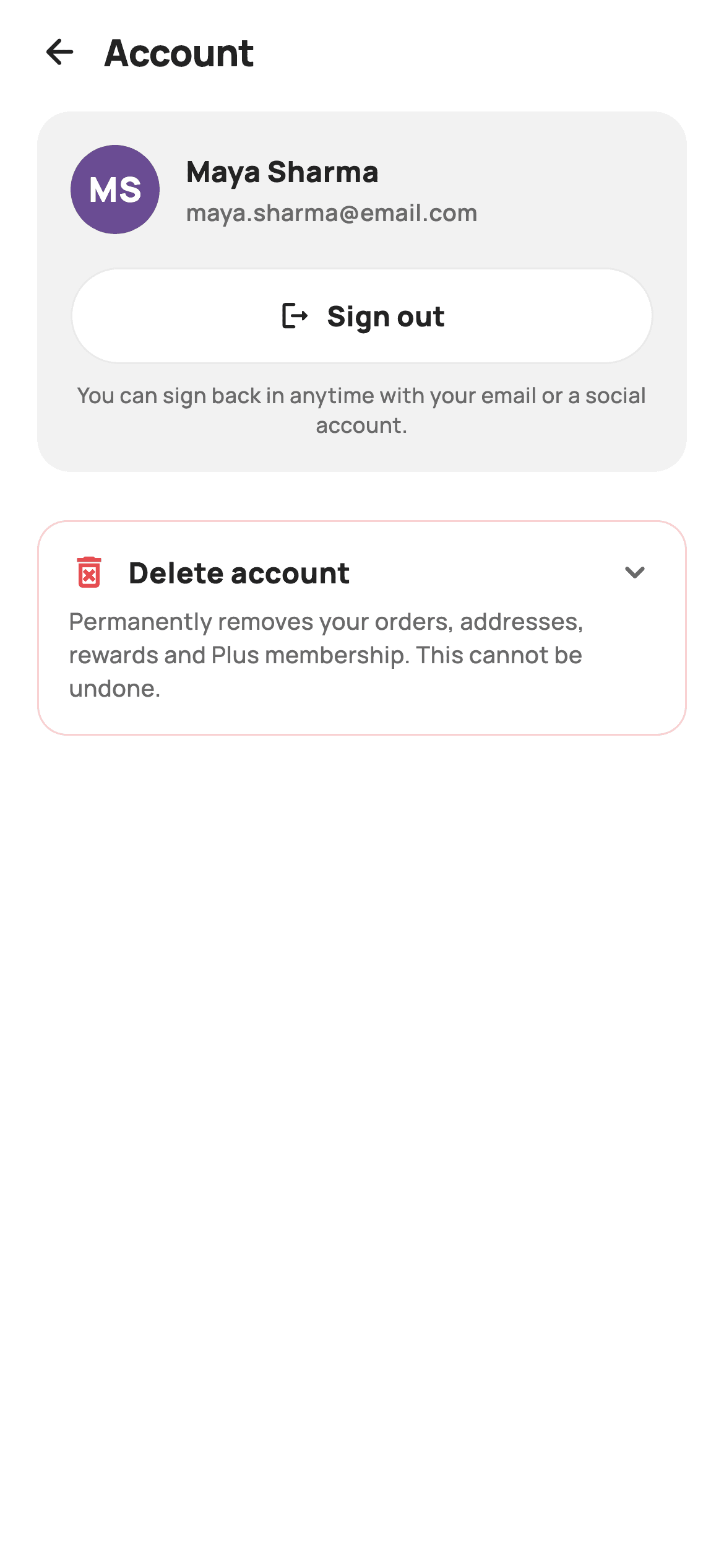 Sign Out / Account — E-commerce Flutter screen