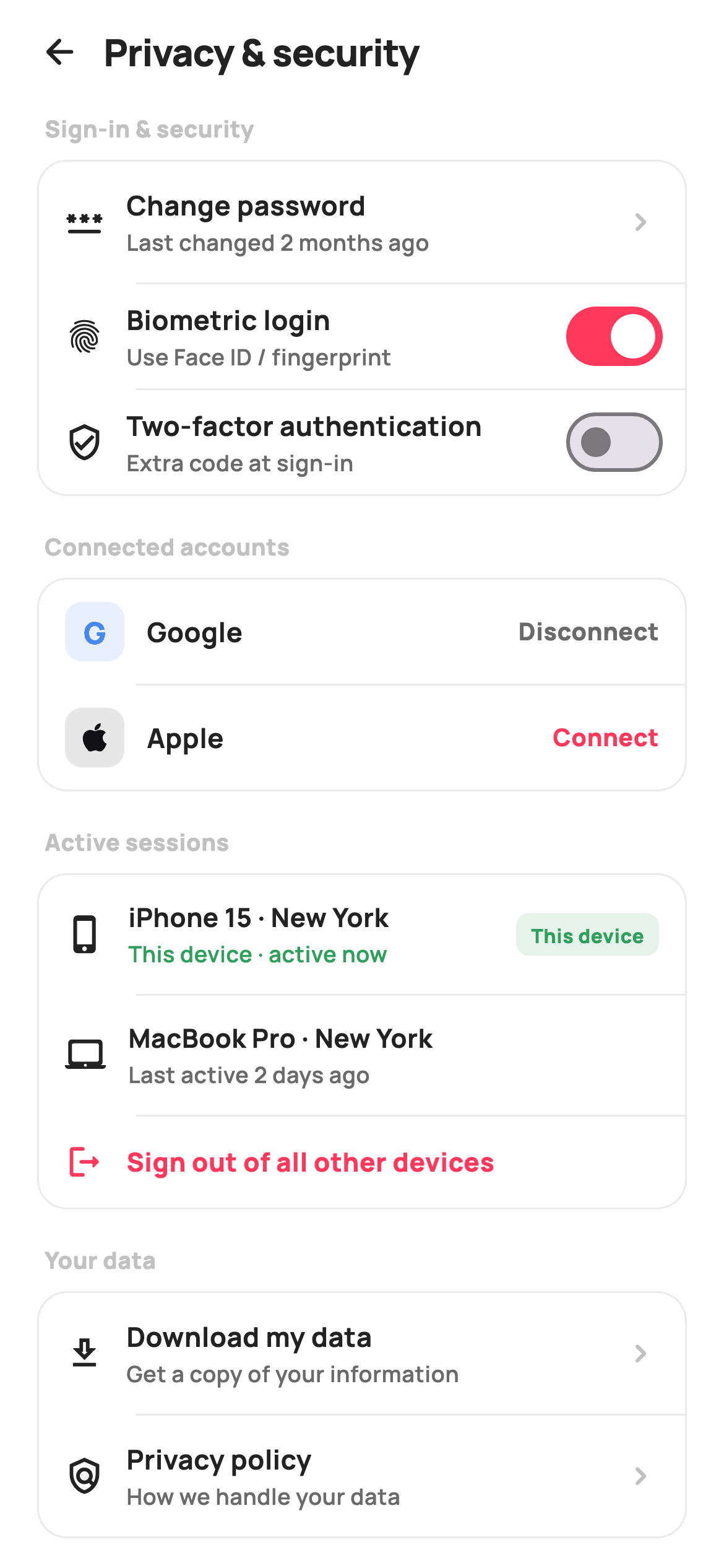 Privacy & Security — E-commerce Flutter screen
