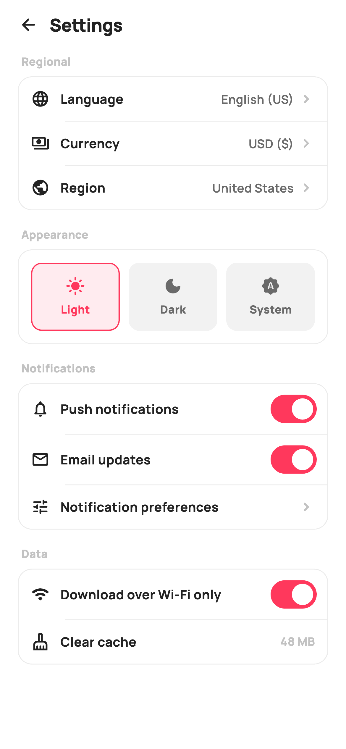 Settings — E-commerce Flutter screen