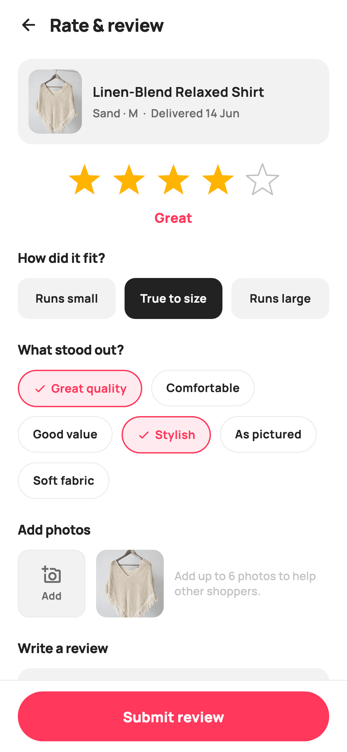 Rate & Review — E-commerce Flutter screen
