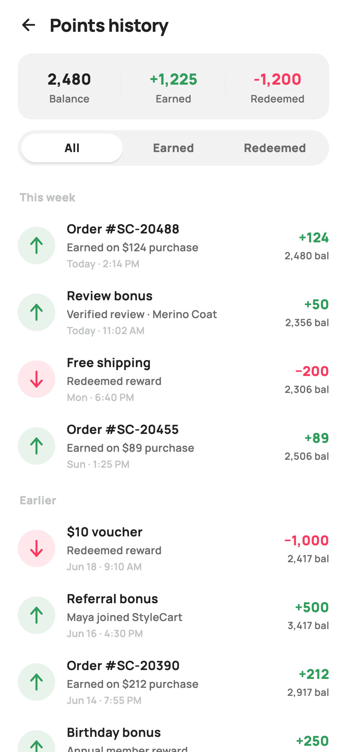 Points History — E-commerce Flutter screen