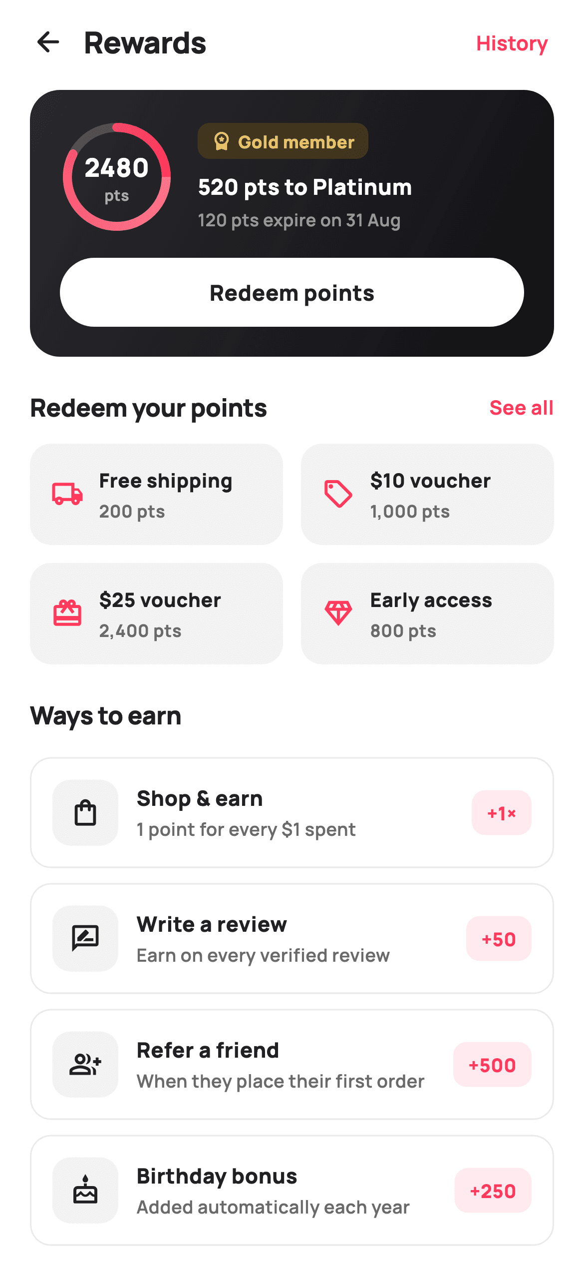 Rewards home — E-commerce Flutter screen