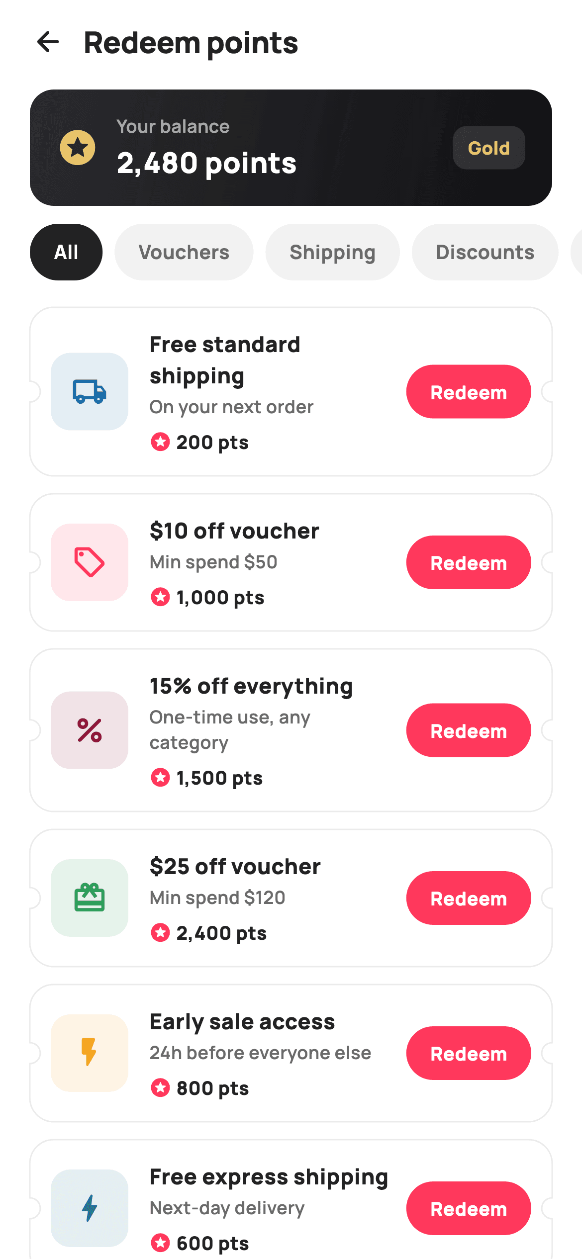 Redeem points — E-commerce Flutter screen