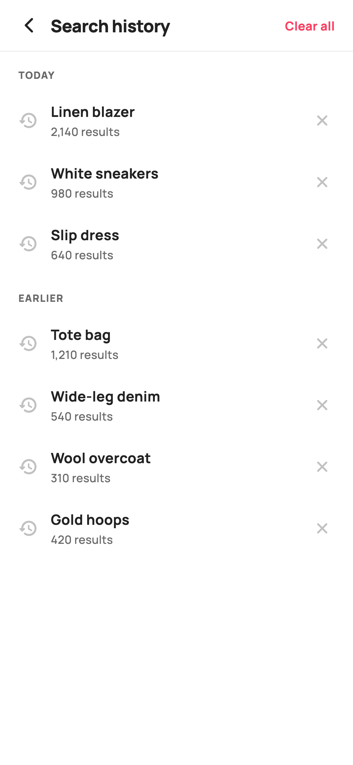 Search History — E-commerce Flutter UI screen