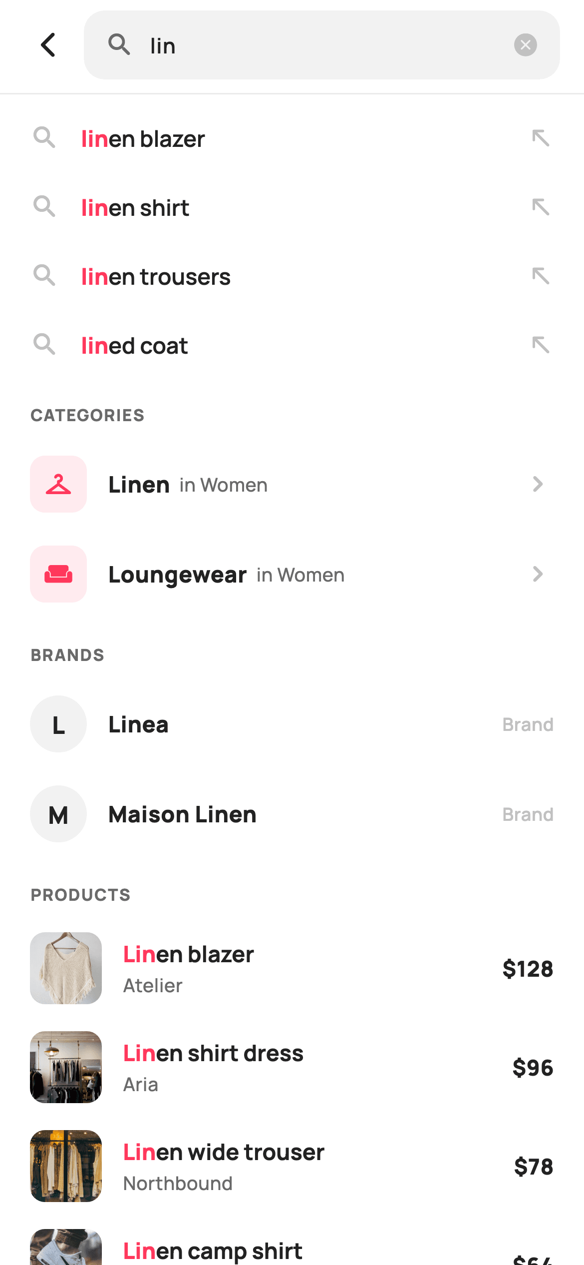 Search Suggestions — E-commerce Flutter screen