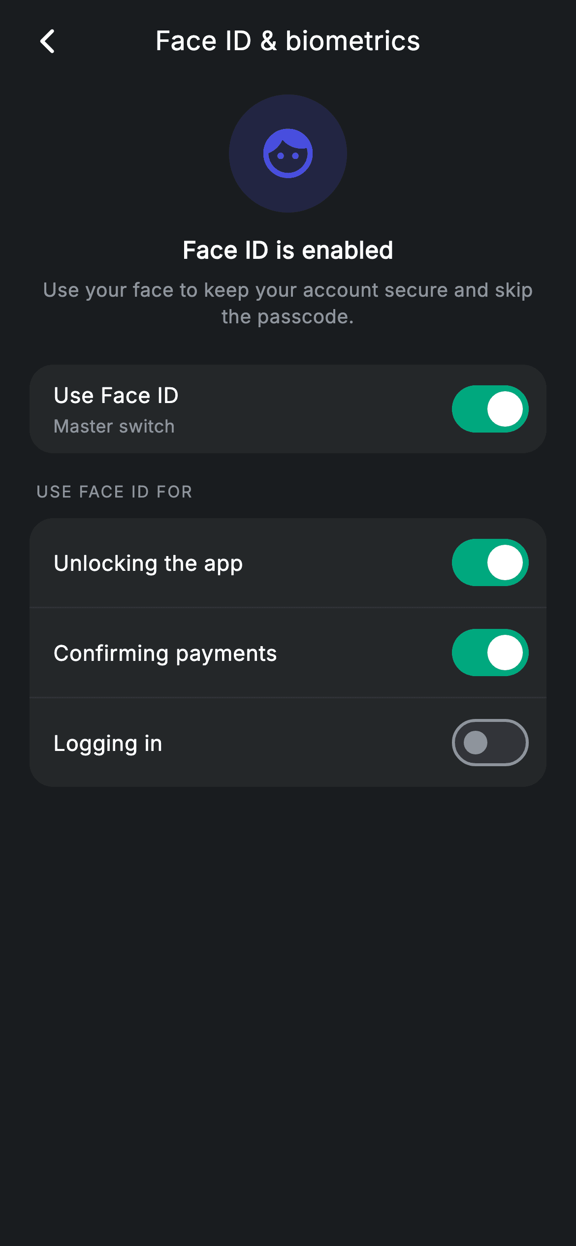 Biometrics Settings — Fintech Flutter UI screen