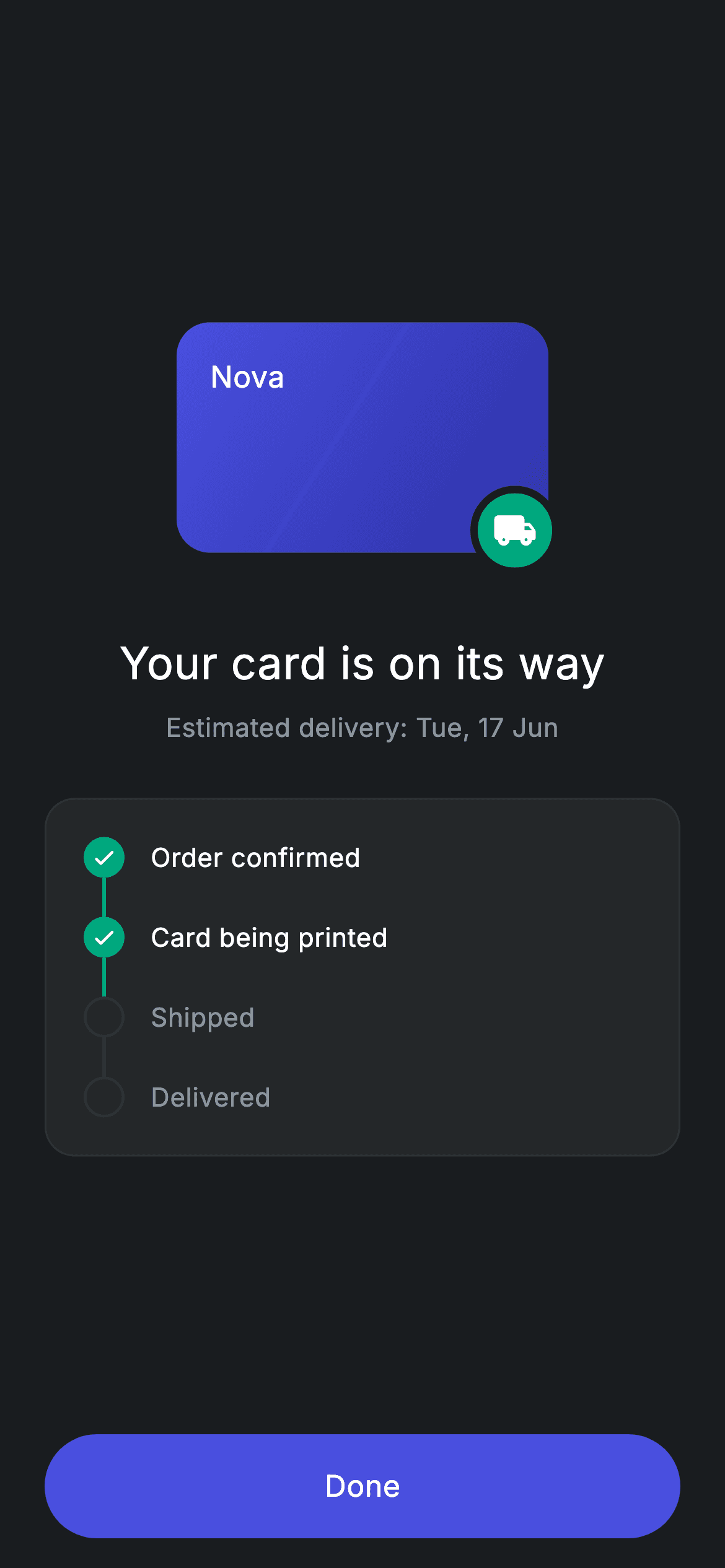 Fintech · Card Ordered — Fintech Flutter screen