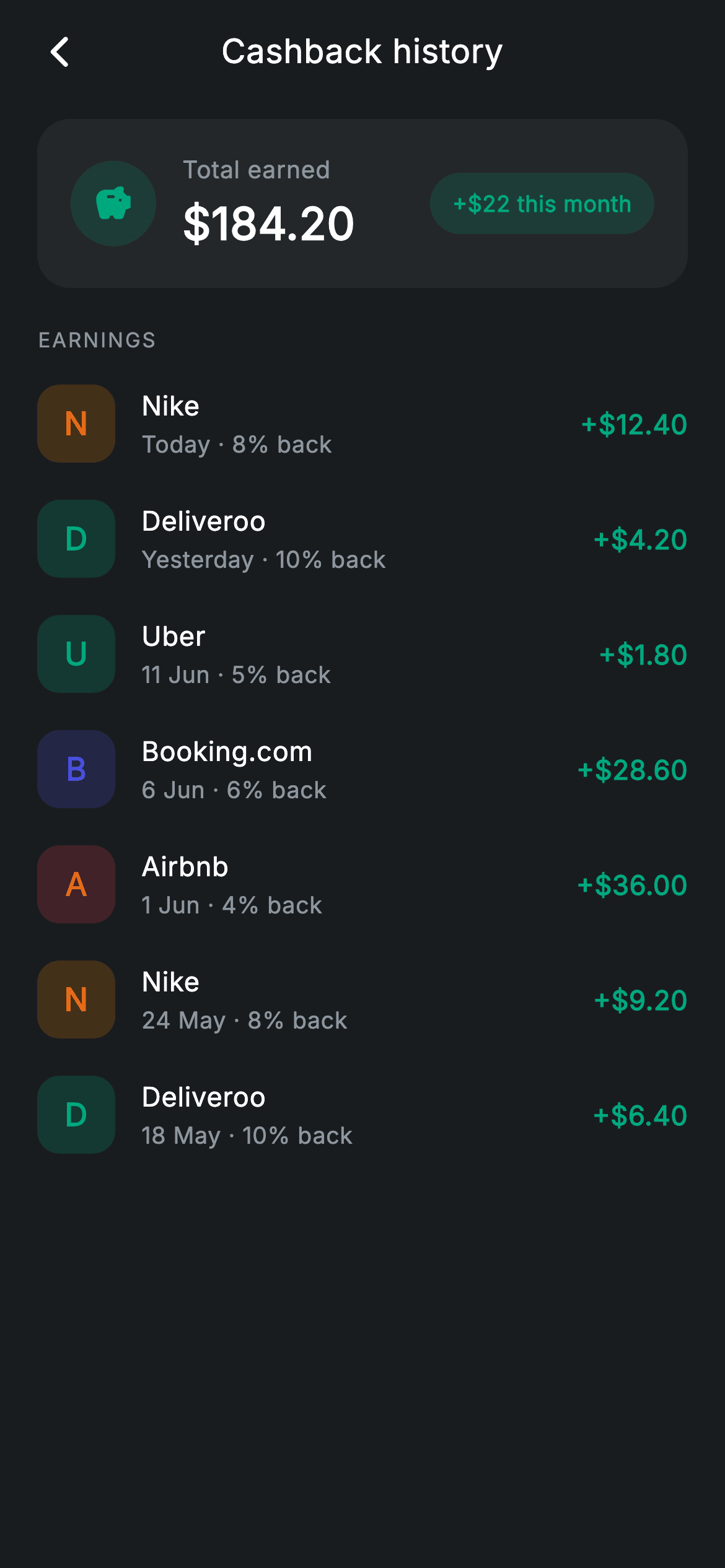 Cashback History — Fintech Flutter UI screen