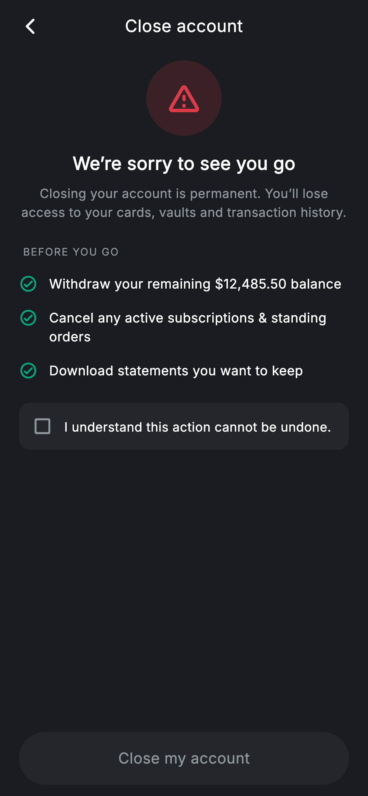 Close Account — Fintech Flutter UI screen