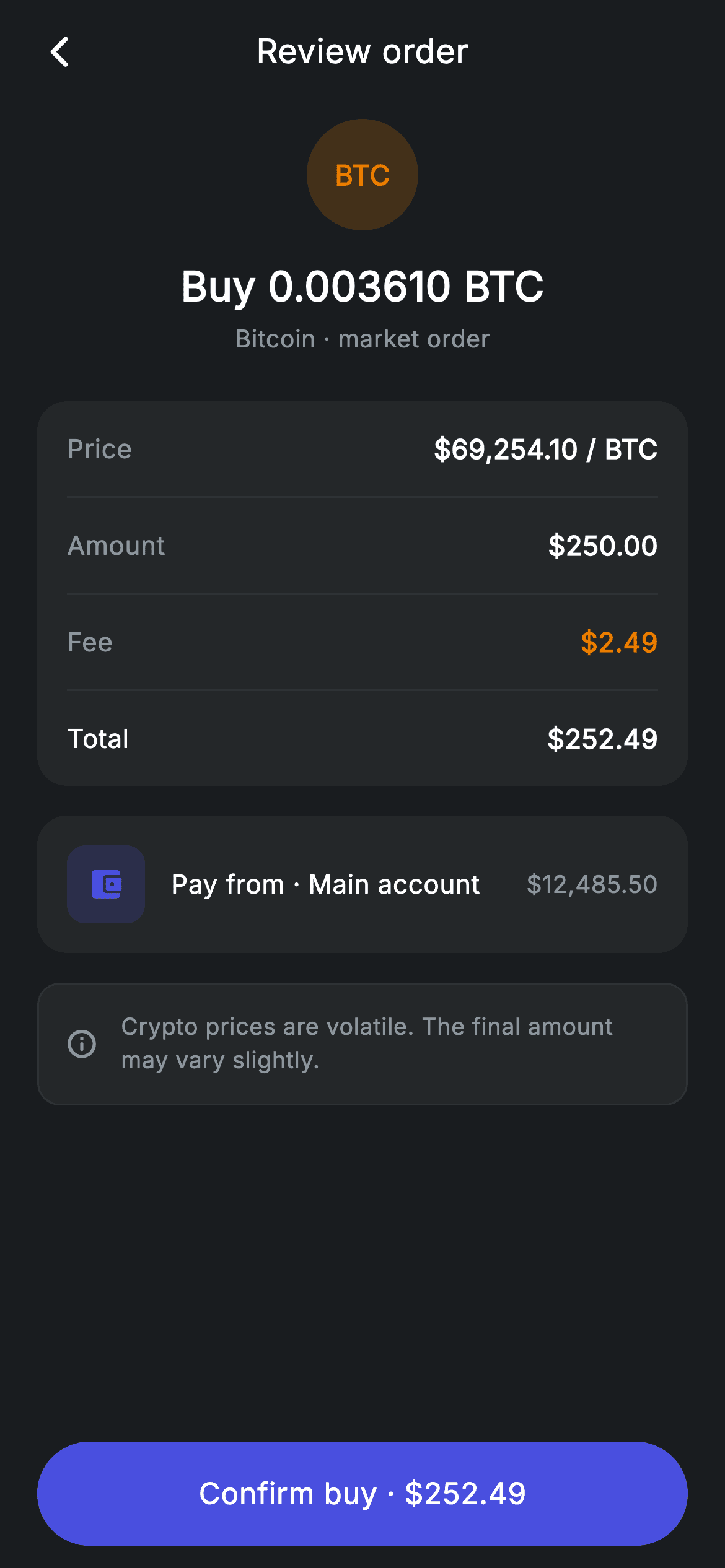 Crypto Order Review — Fintech Flutter UI screen
