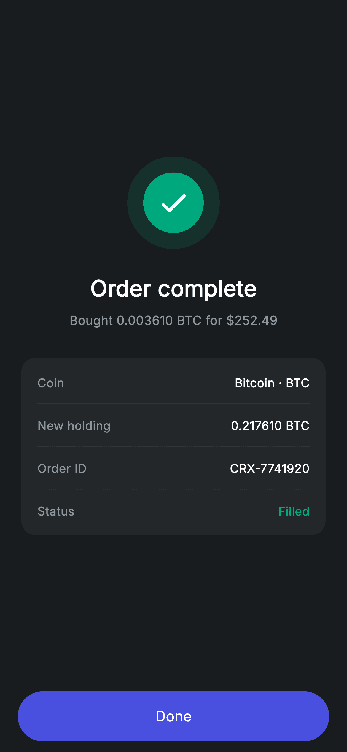 Crypto Order Confirmation — Fintech Flutter UI screen