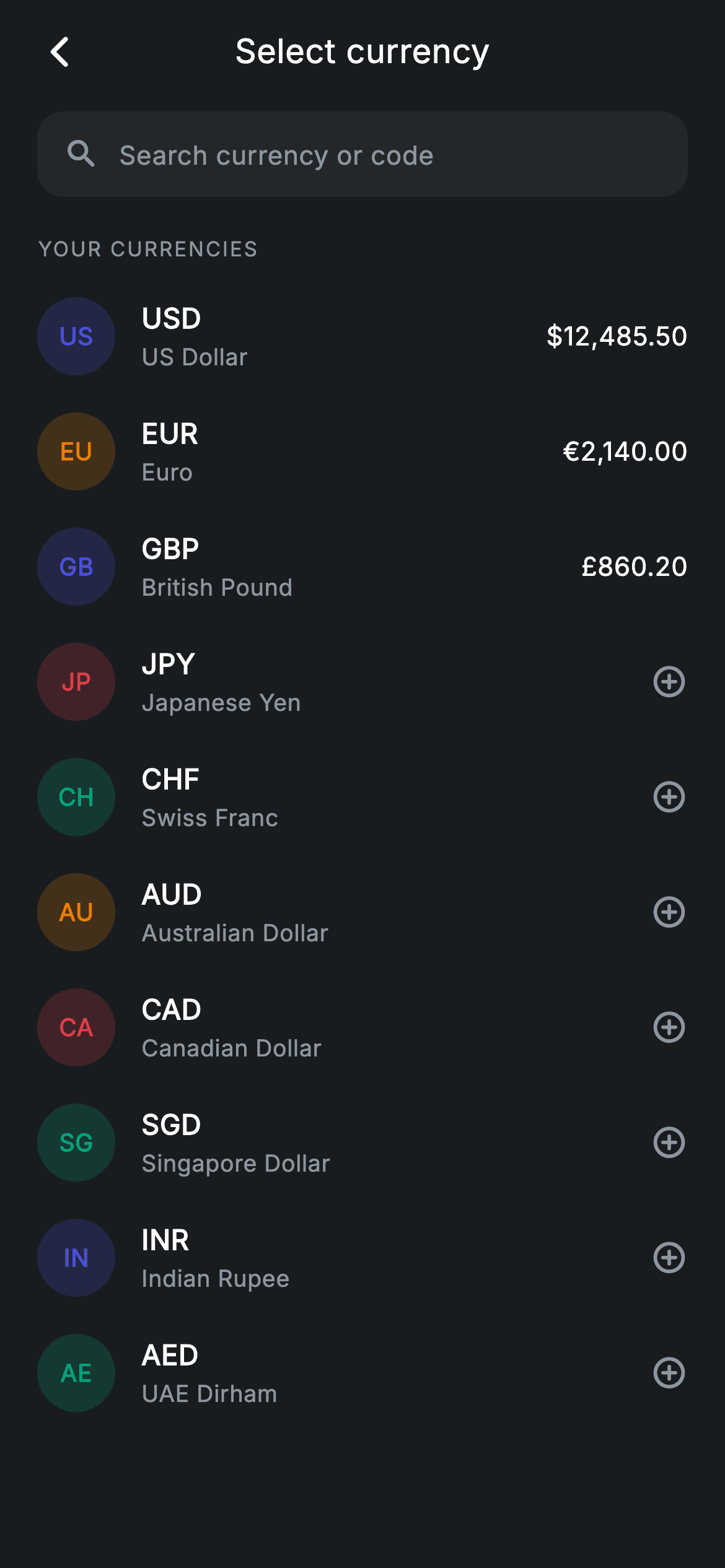 Currency Select — Fintech Flutter UI screen